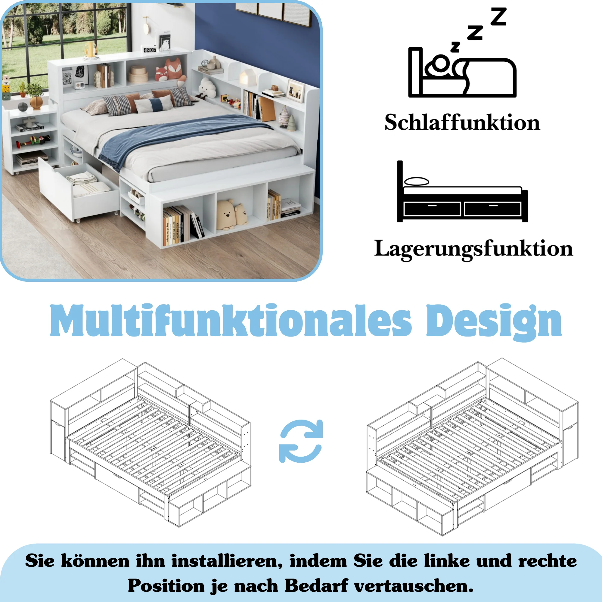 Children's Bed 140x190cm Multifunctional Storage Drawers Shelves - White - Image 7