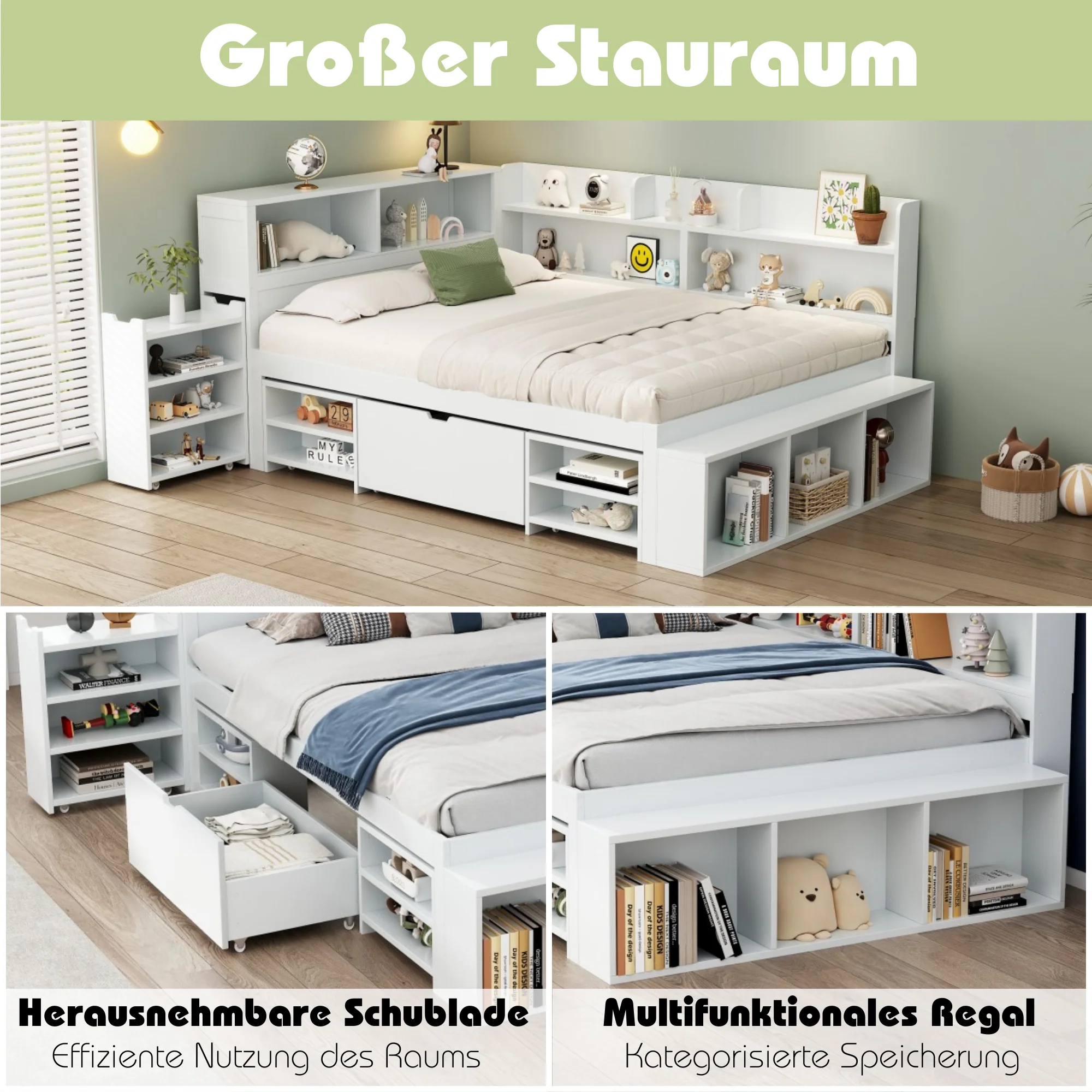 Children's Bed 140x190cm Multifunctional Storage Drawers Shelves - White - Image 8