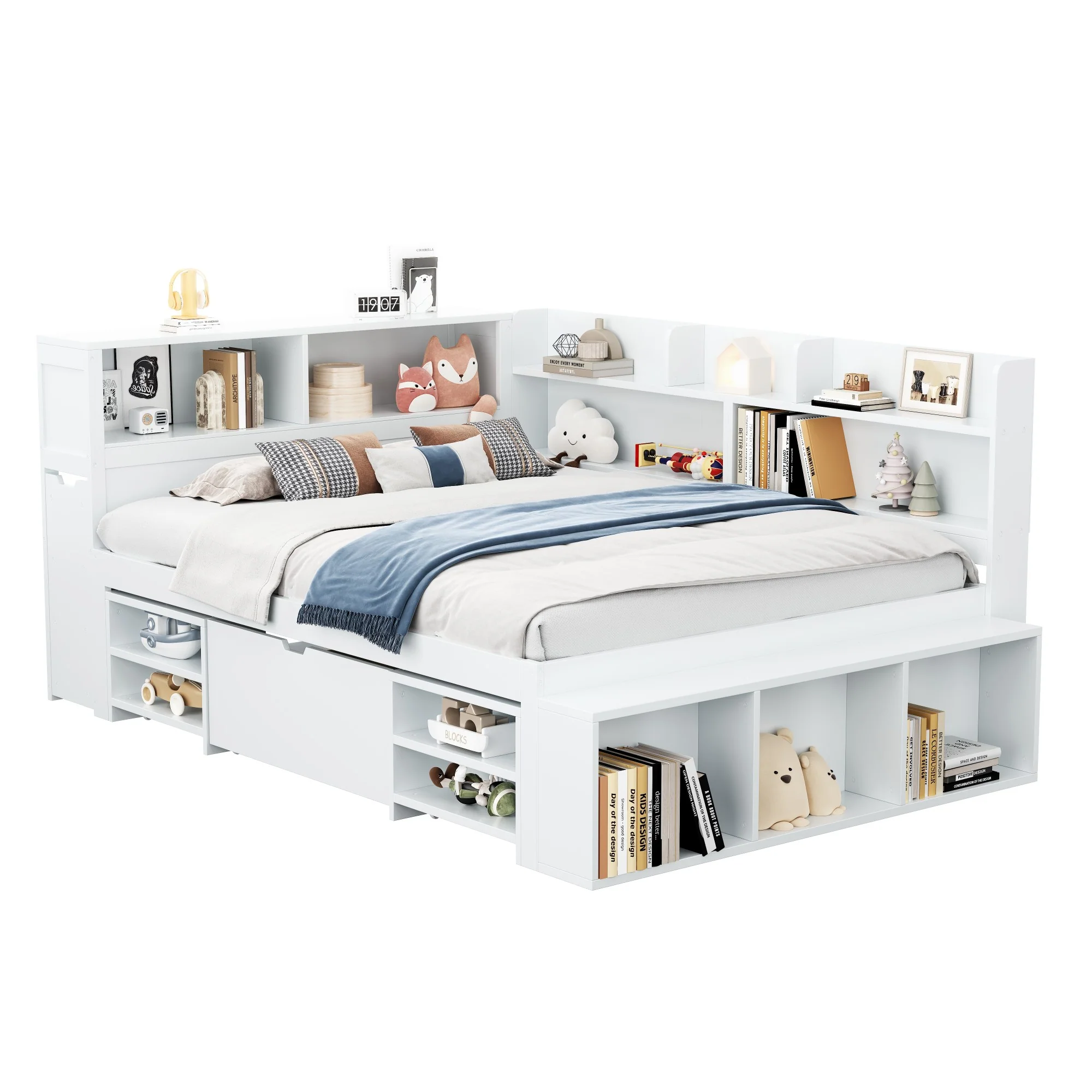 Children's Bed 140x190cm Multifunctional Storage Drawers Shelves - White - Image 9