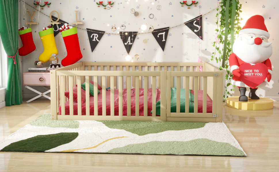 Children's bed 140x200 wooden floor bed frame with fence and door, wood color - Image 5