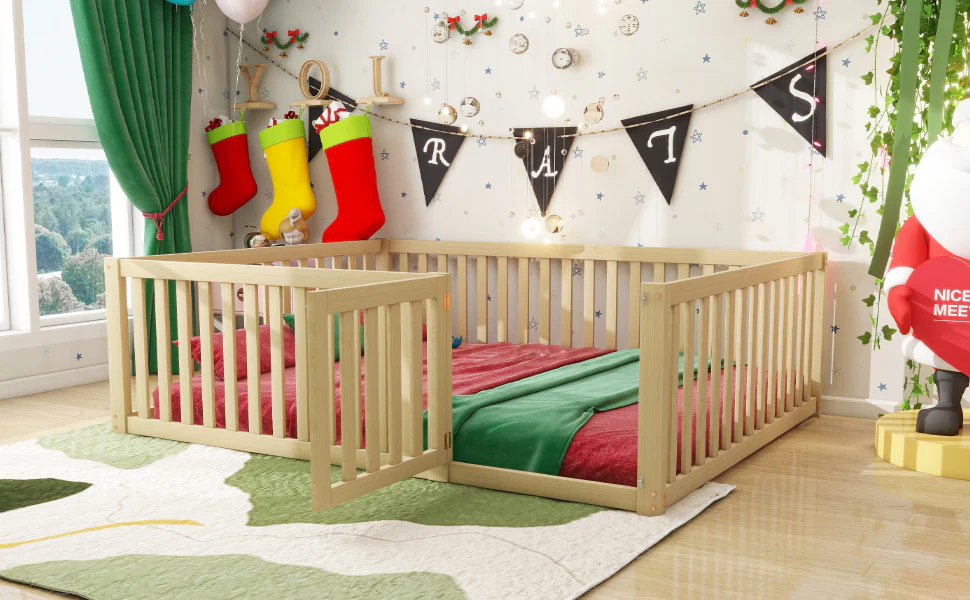 Children's bed 140x200 wooden floor bed frame with fence and door, wood color - Image 6