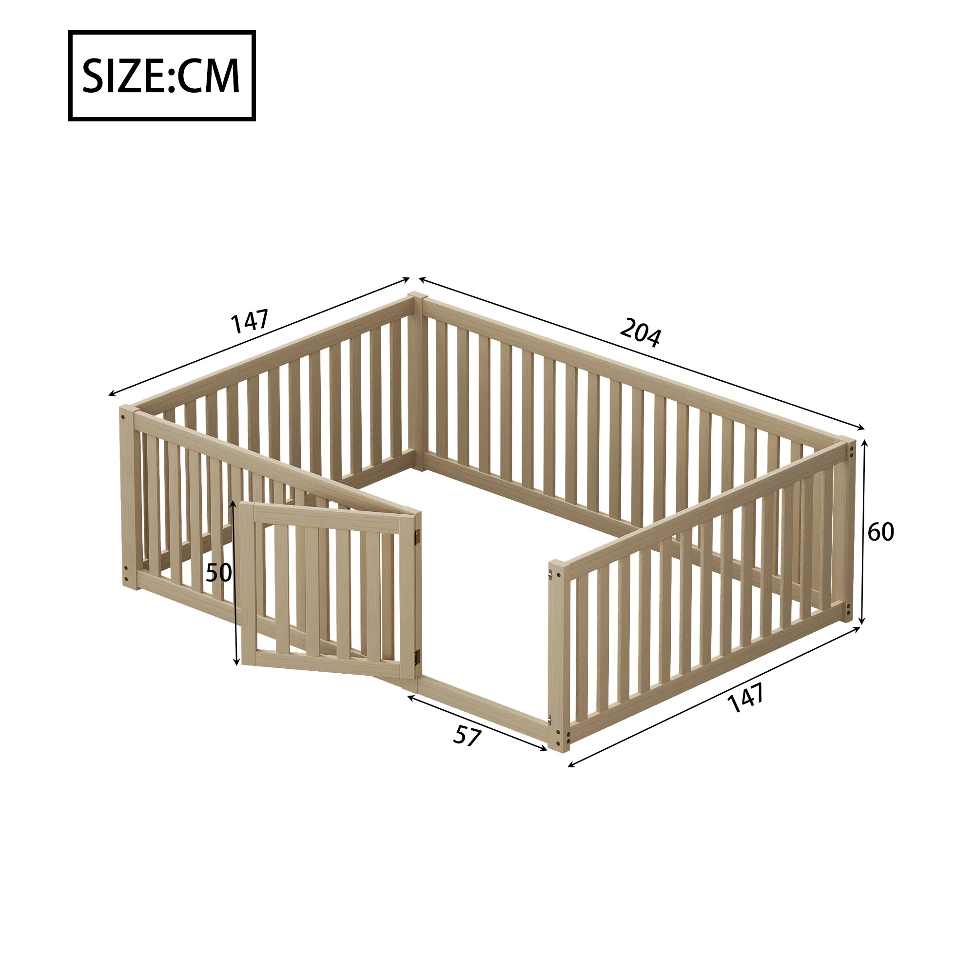 Children's bed 140x200 wooden floor bed frame with fence and door, wood color - Image 9