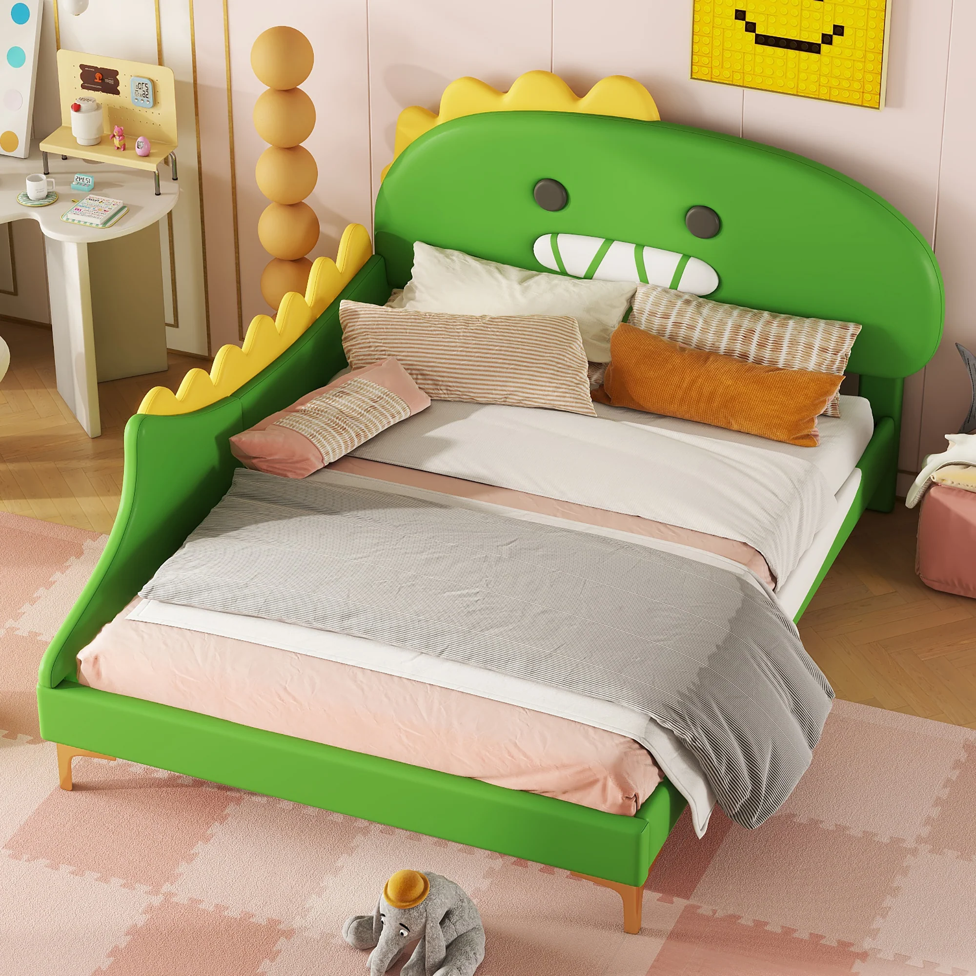 Children's Bed 140x200cm Dinosaur Shape PU - Green - Image 2