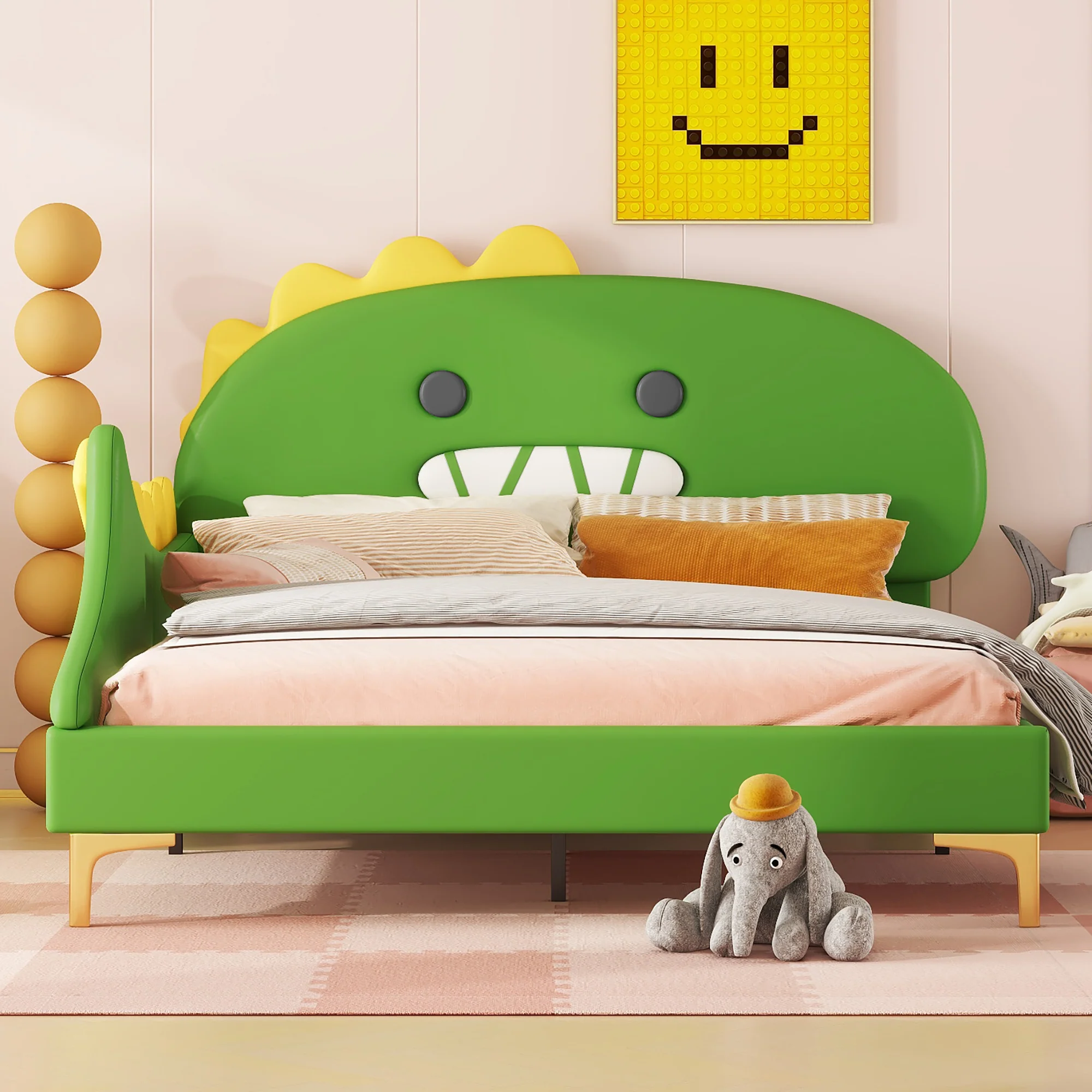 Children's Bed 140x200cm Dinosaur Shape PU - Green - Image 3