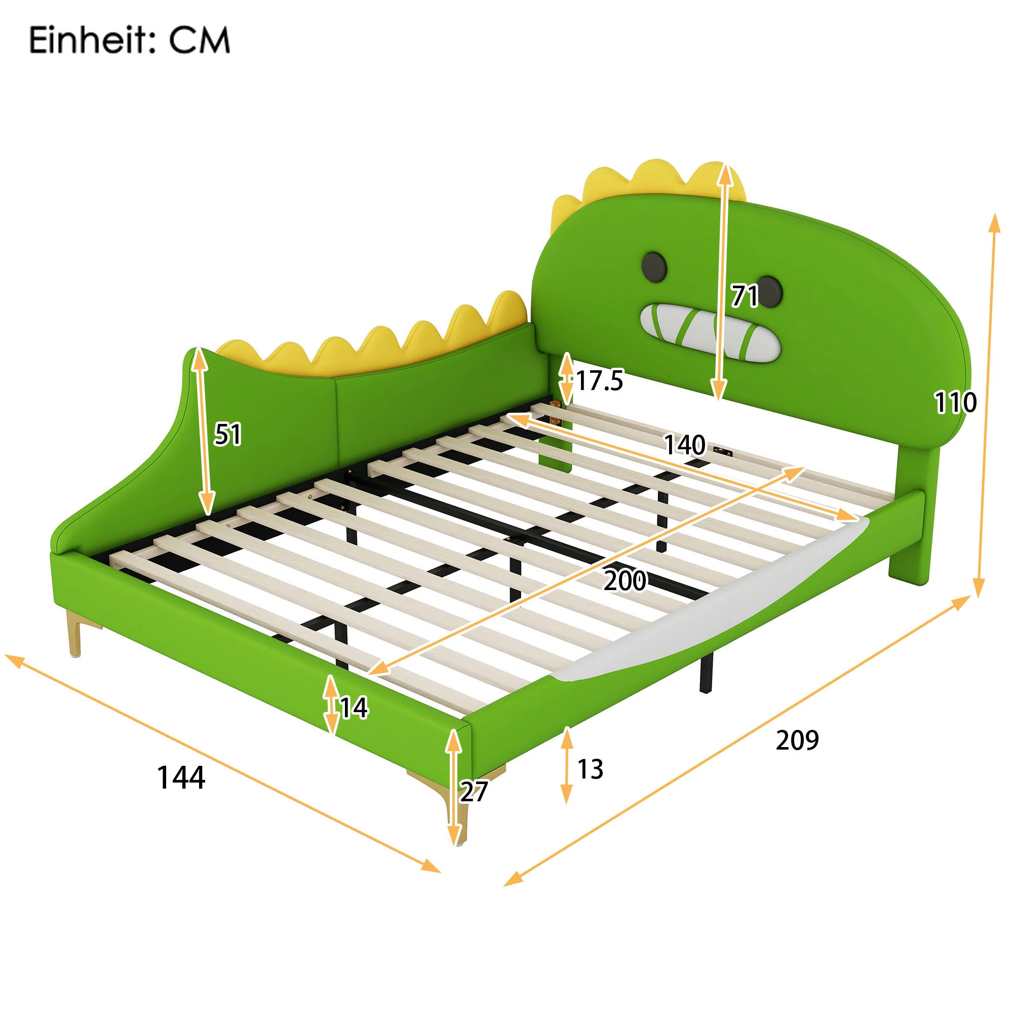 Children's Bed 140x200cm Dinosaur Shape PU - Green - Image 6