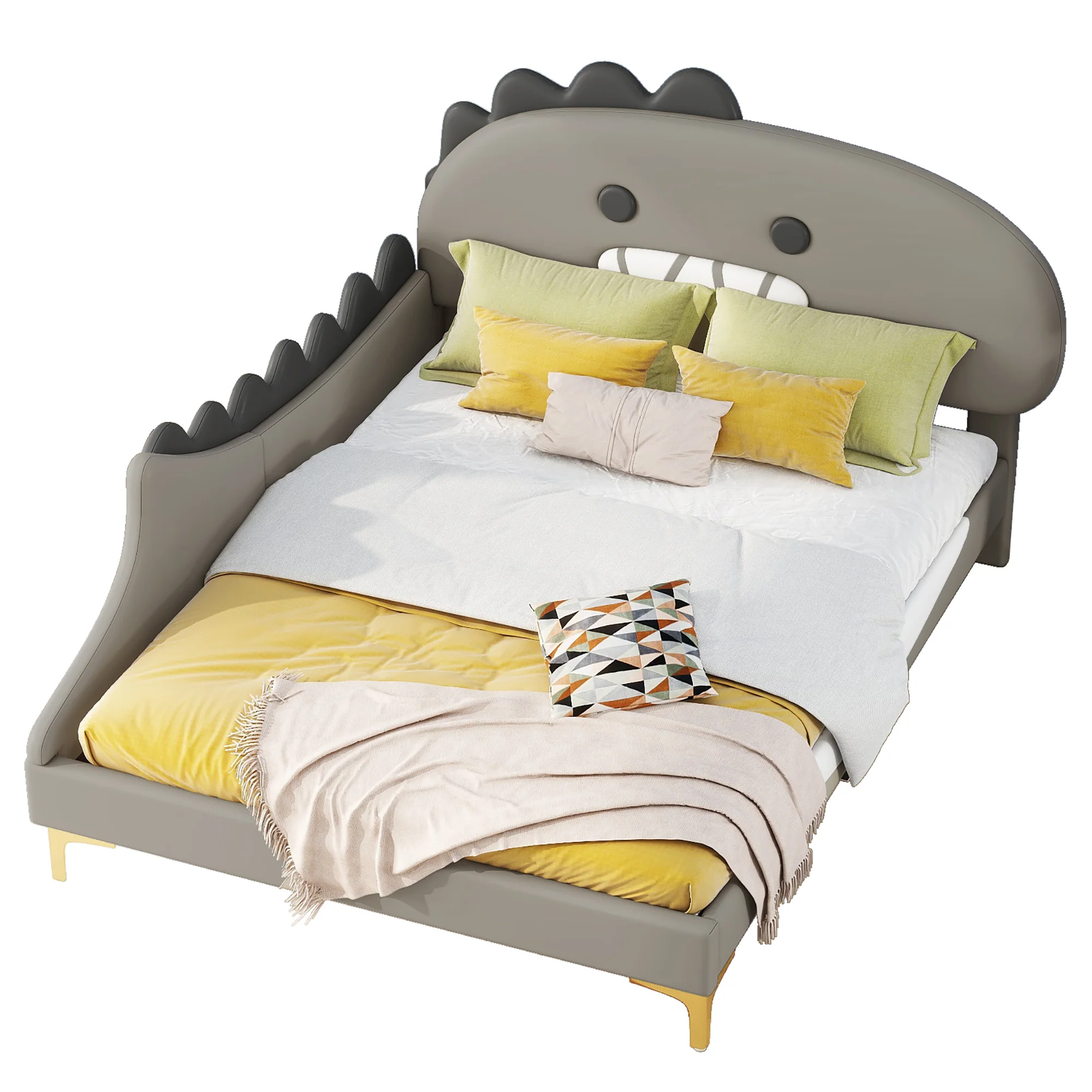 Children's Bed, 140x200cm Flat Bed Cartoon Dinosaur Shape, Grey PU Material - Image 5
