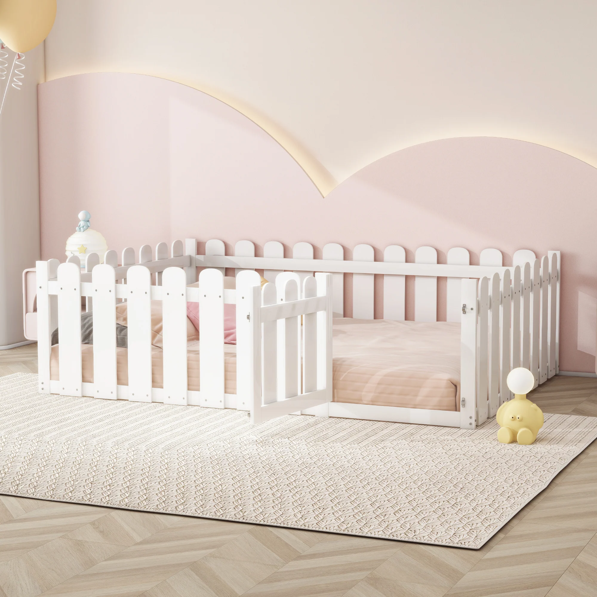 Children's Bed 140x200cm, Wooden Frame with Door & Surround, White