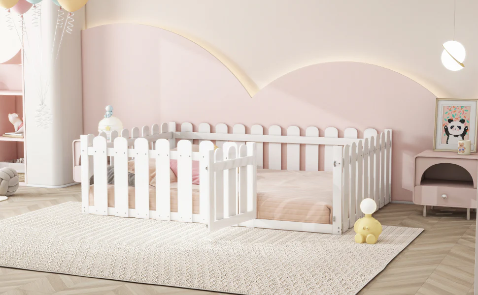 Children's Bed 140x200cm, Wooden Frame with Door & Surround, White - Image 4