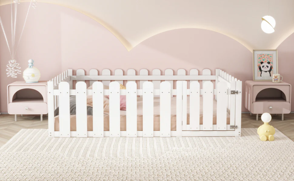 Children's Bed 140x200cm, Wooden Frame with Door & Surround, White - Image 6
