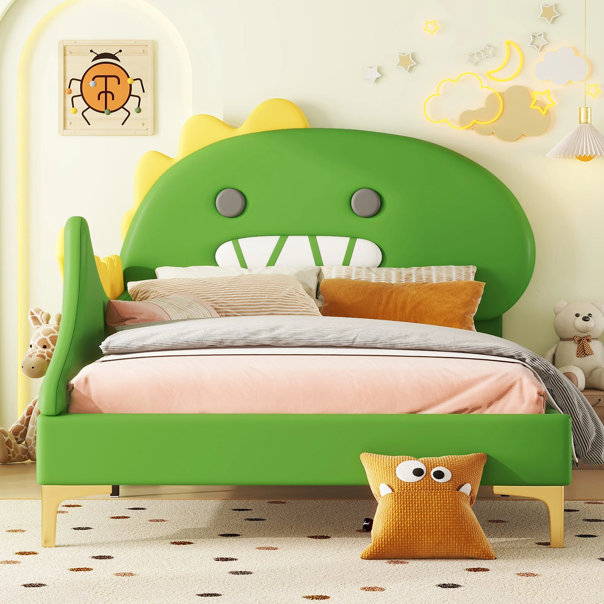Children's Bed 90x200cm Dinosaur Shape Flat - Green PU