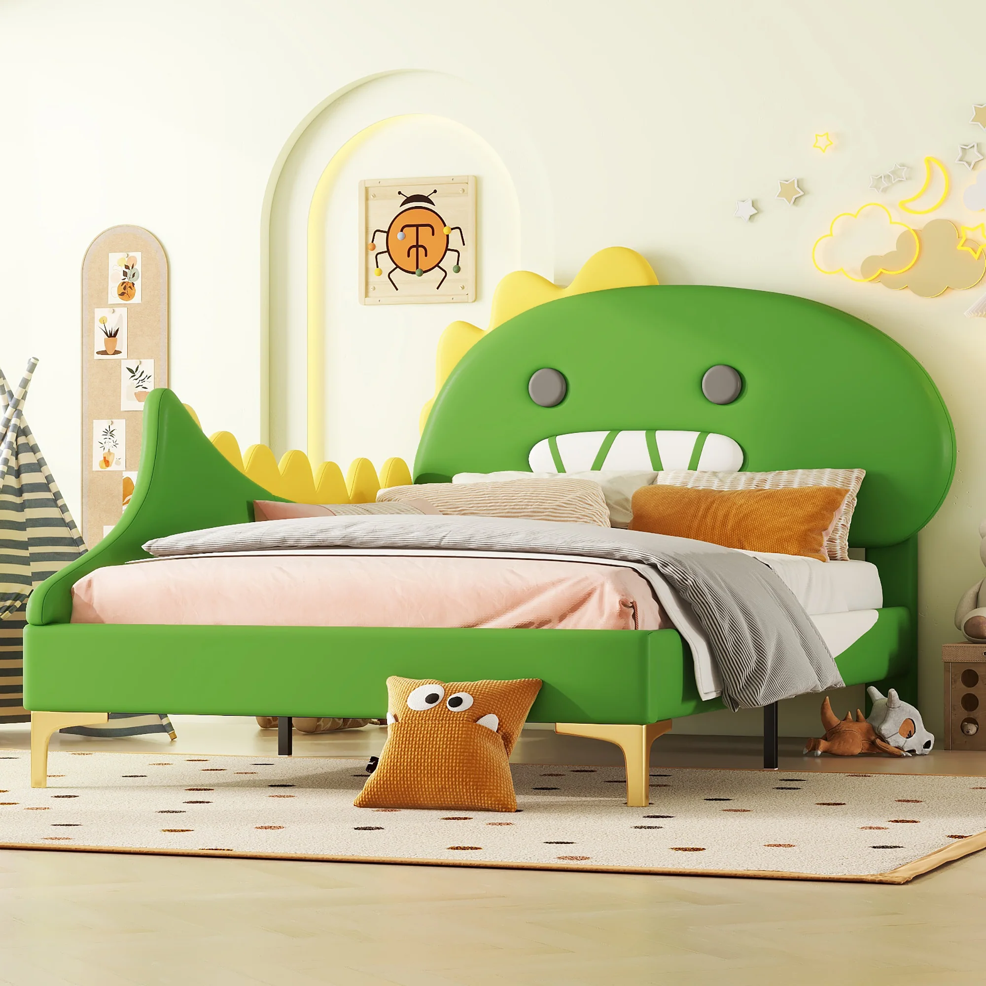Children's Bed 90x200cm Dinosaur Shape Flat - Green PU - Image 2