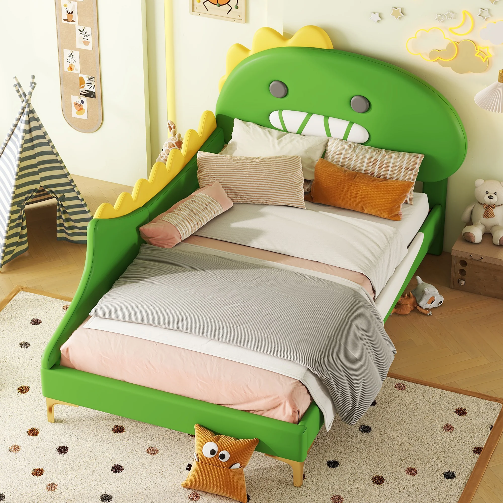 Children's Bed 90x200cm Dinosaur Shape Flat - Green PU - Image 3