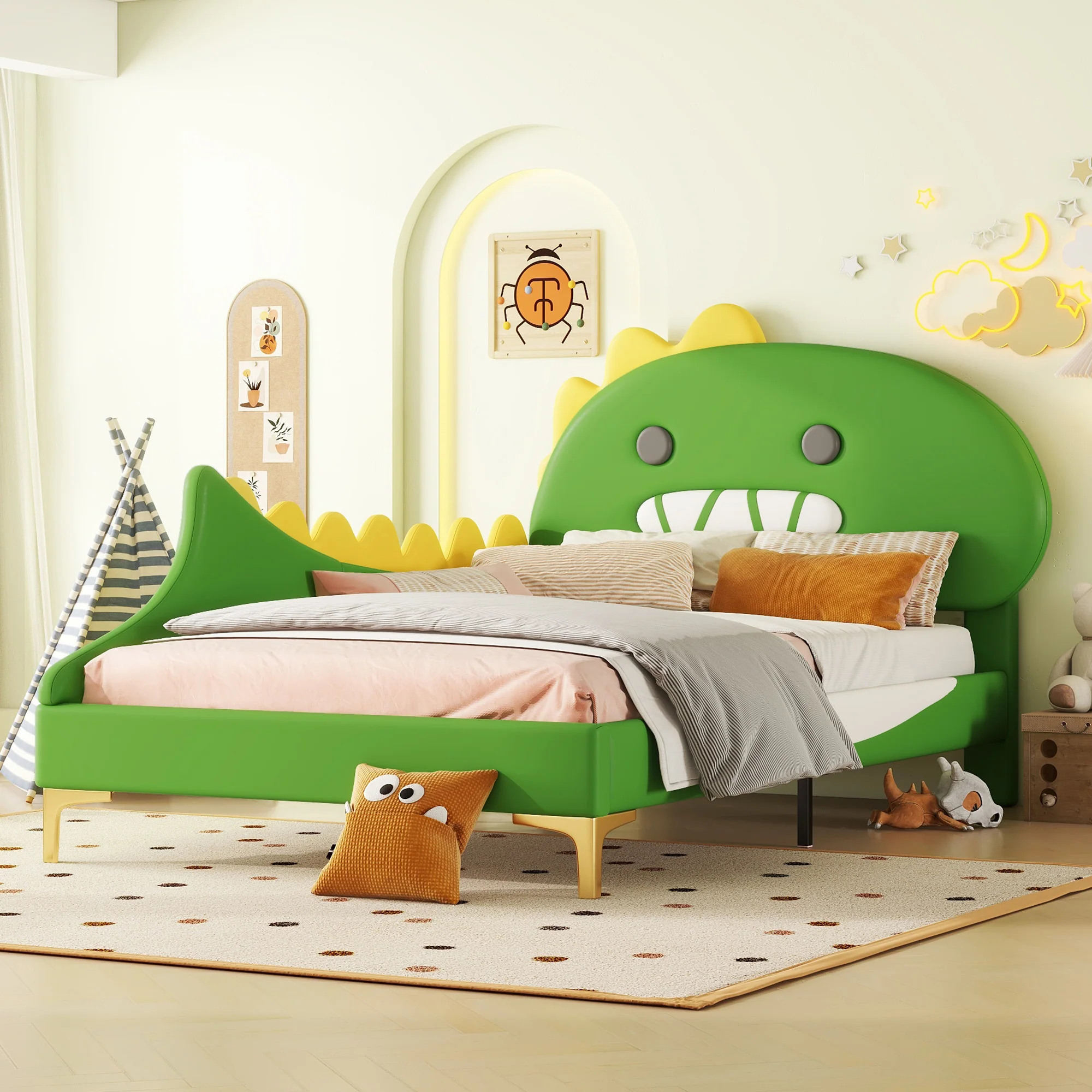 Children's Bed 90x200cm Dinosaur Shape Flat - Green PU - Image 4