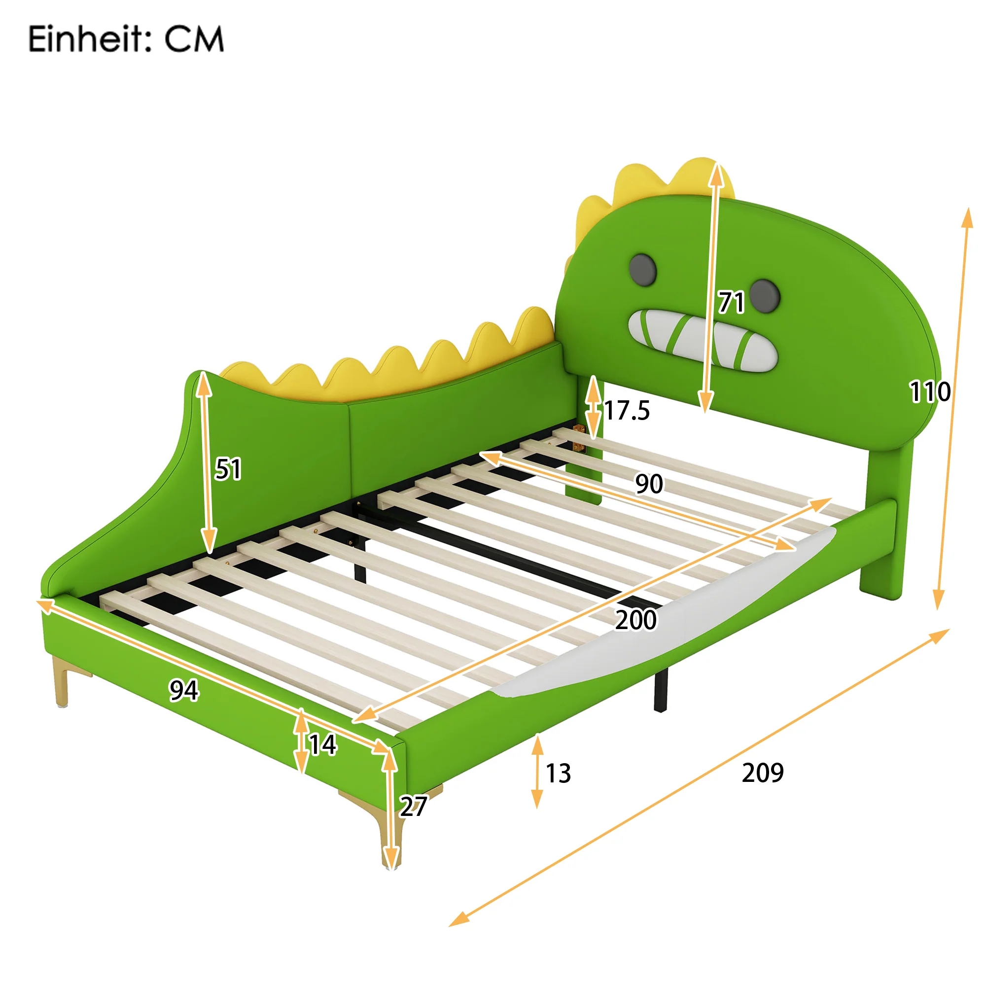Children's Bed 90x200cm Dinosaur Shape Flat - Green PU - Image 6