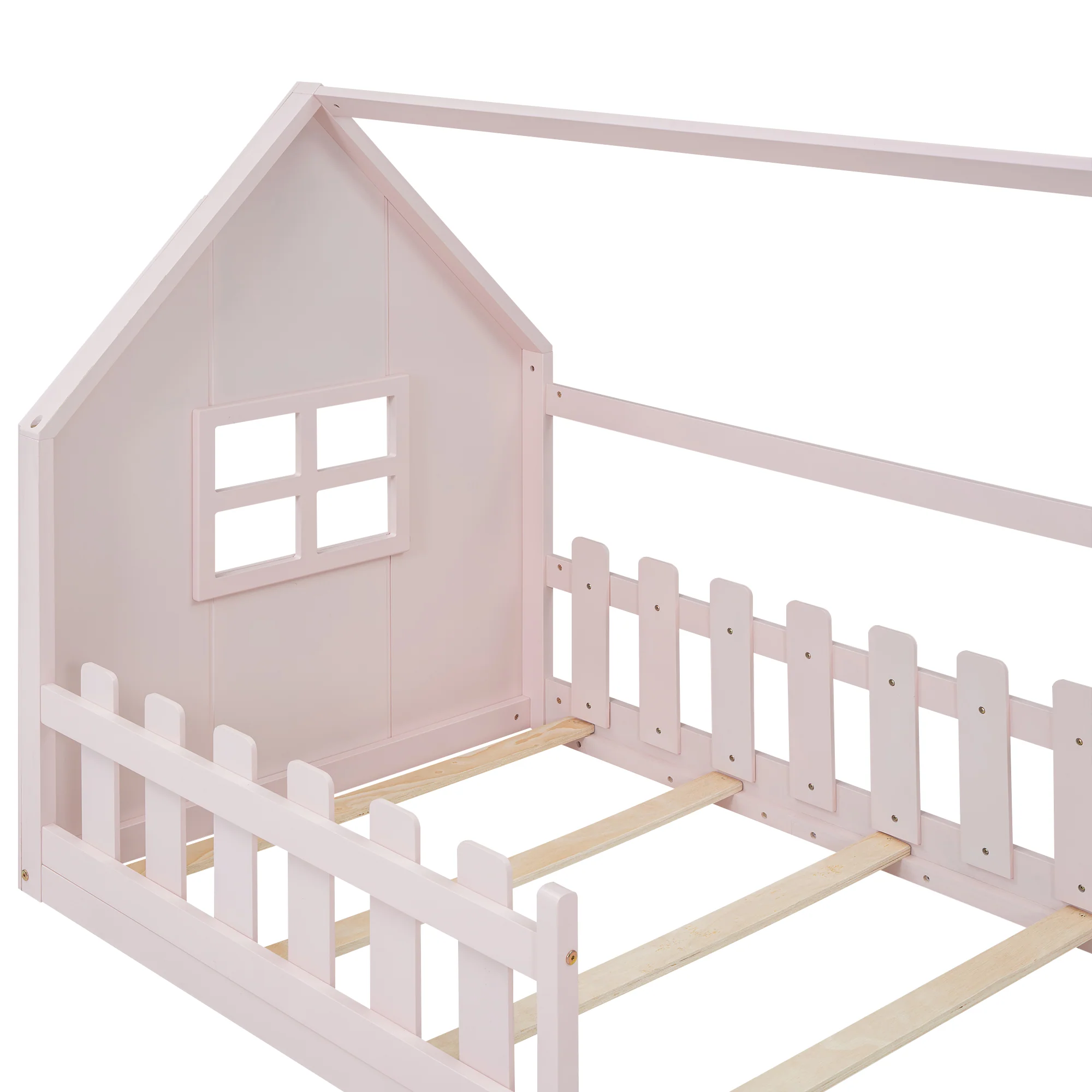 Children's Bed 90x200cm Flat Bed House Rail - Pink - Image 10