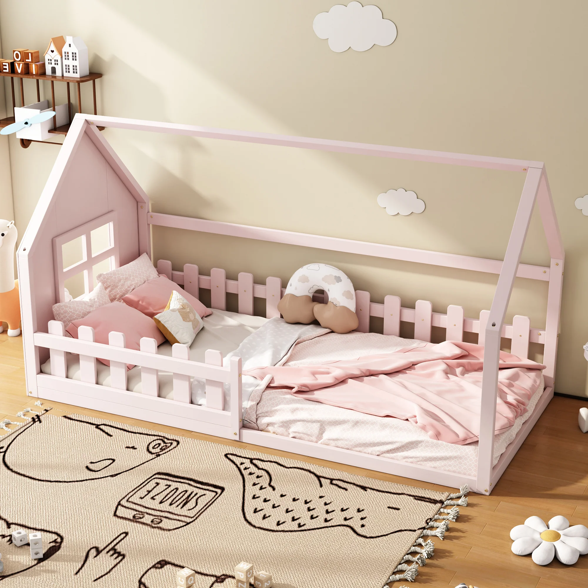 Children's Bed 90x200cm Flat Bed House Rail - Pink - Image 2