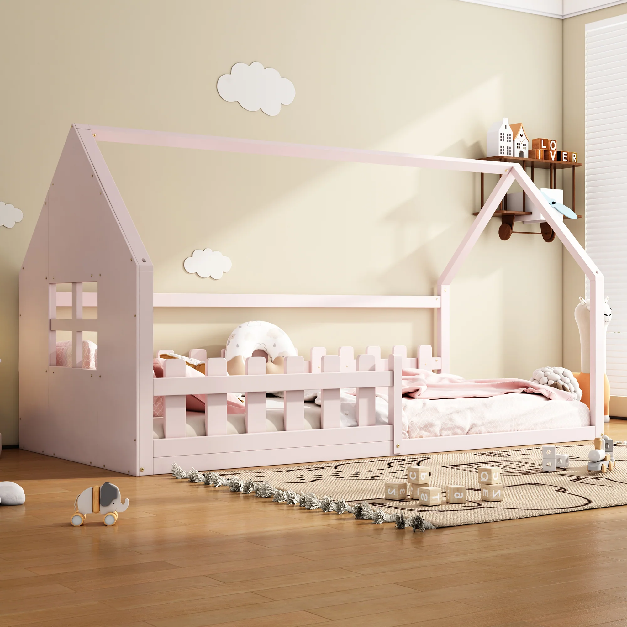 Children's Bed 90x200cm Flat Bed House Rail - Pink - Image 3