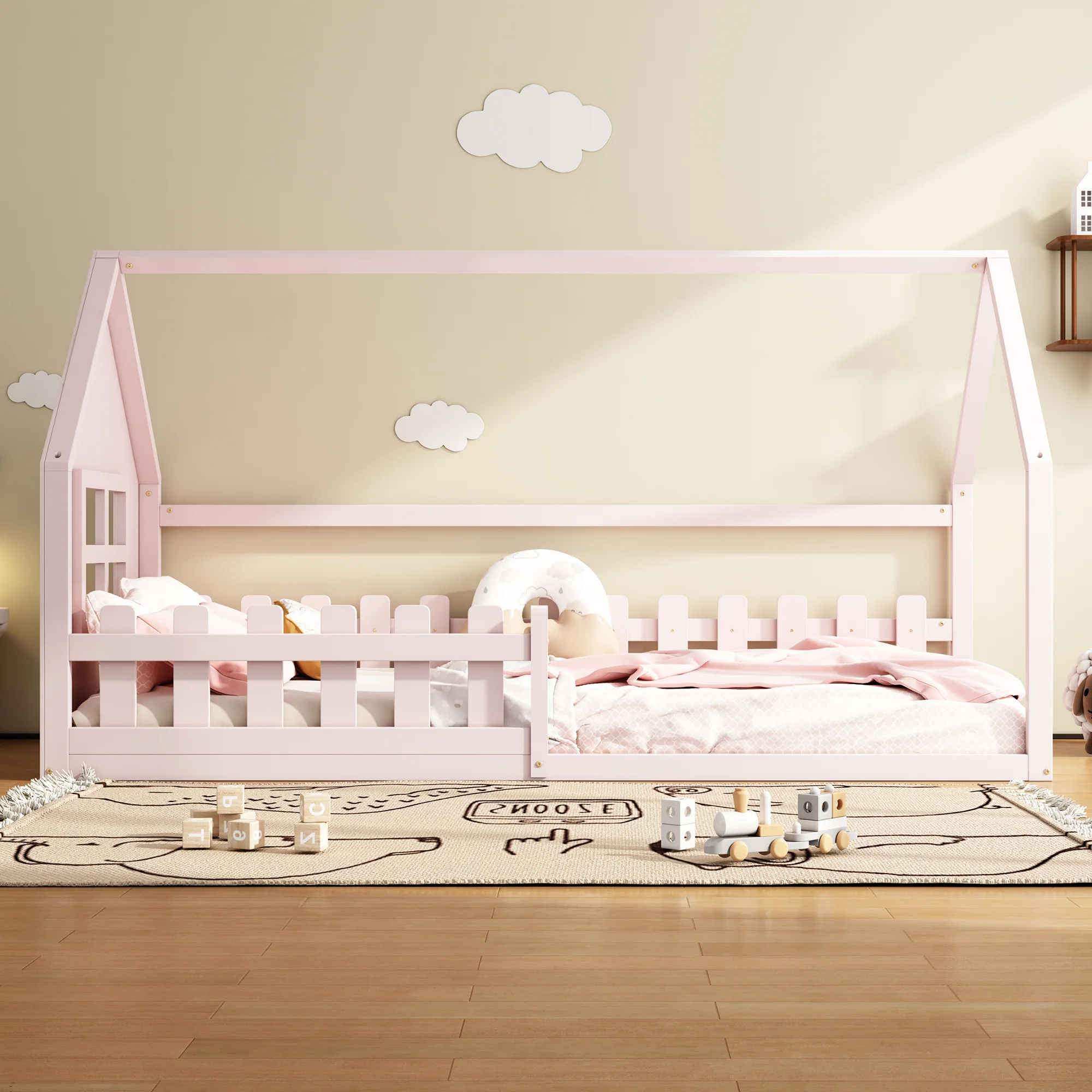 Children's Bed 90x200cm Flat Bed House Rail - Pink - Image 4