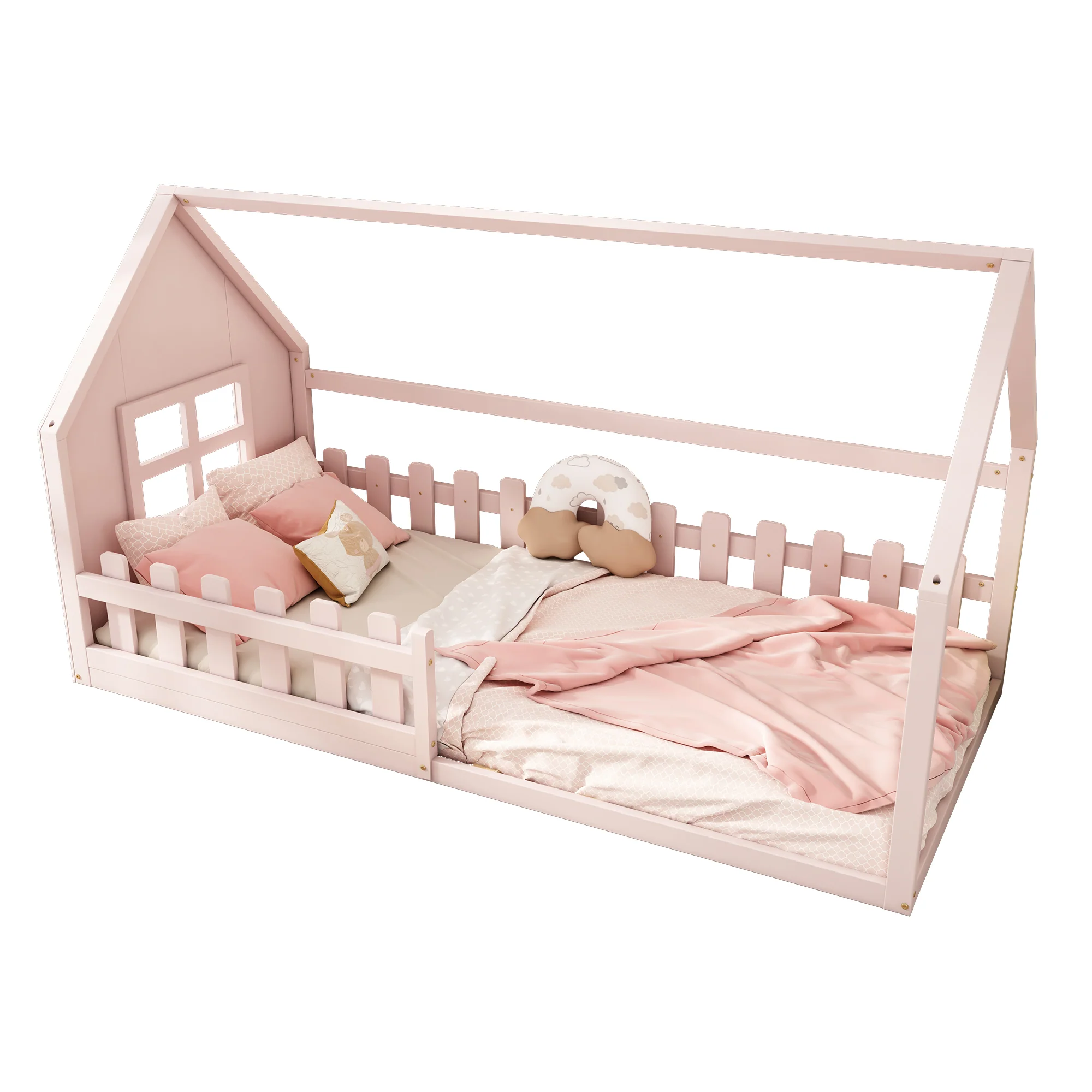 Children's Bed 90x200cm Flat Bed House Rail - Pink - Image 5