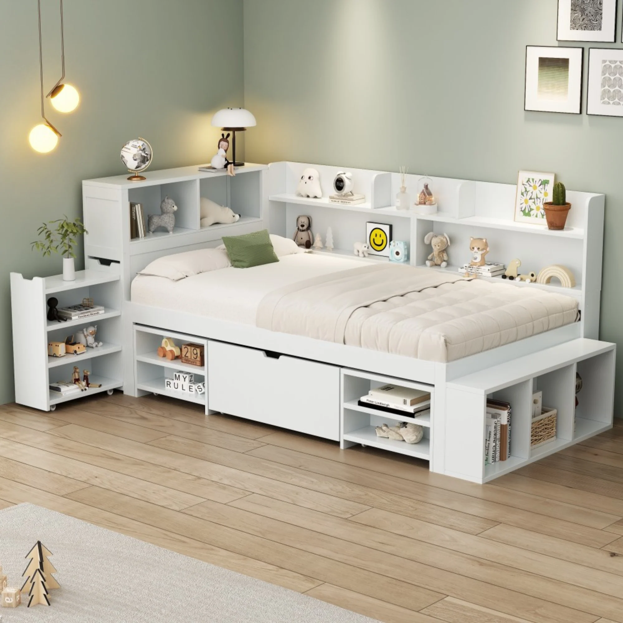 Children's Bed Single 3ft (90x190cm) with Drawers, Bookcase & Storage Cupboard, White - Image 3