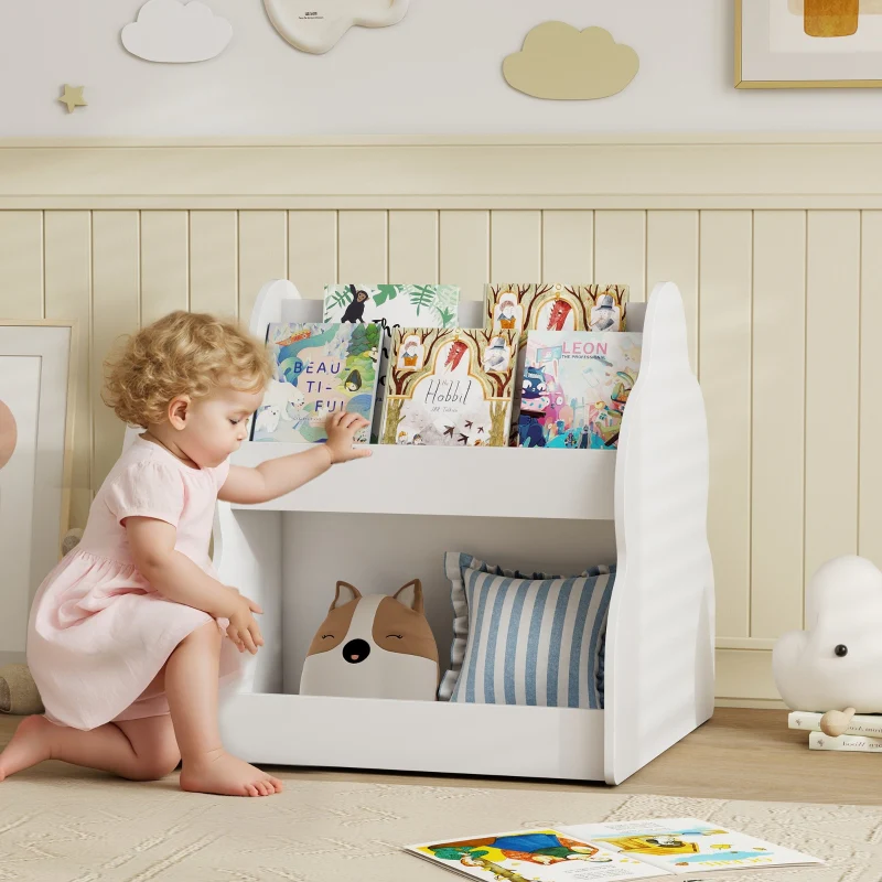Children's Bookshelf 2-Tier 4 Shelves with Wheels - White - Image 2