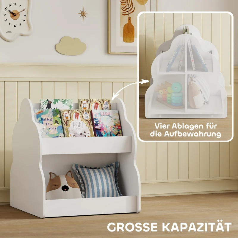 Children's Bookshelf 2-Tier 4 Shelves with Wheels - White - Image 3