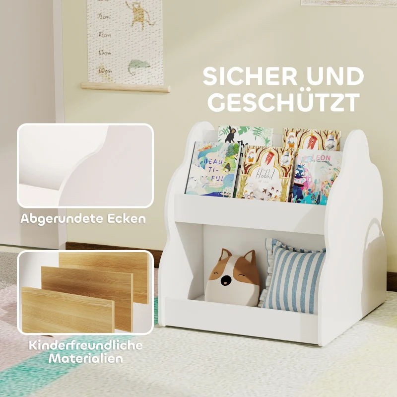 Children's Bookshelf 2-Tier 4 Shelves with Wheels - White - Image 5