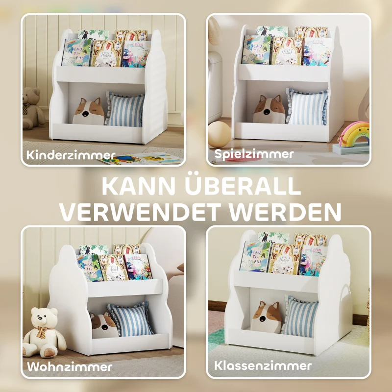 Children's Bookshelf 2-Tier 4 Shelves with Wheels - White - Image 6