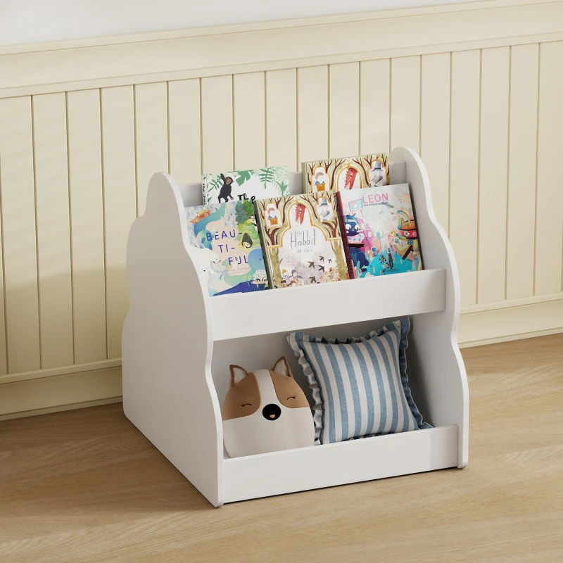 Children's Bookshelf 2-Tier 4 Shelves with Wheels - White - Image 7