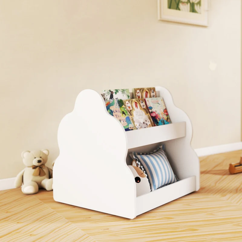Children's Bookshelf 2-Tier 4 Shelves with Wheels - White - Image 8