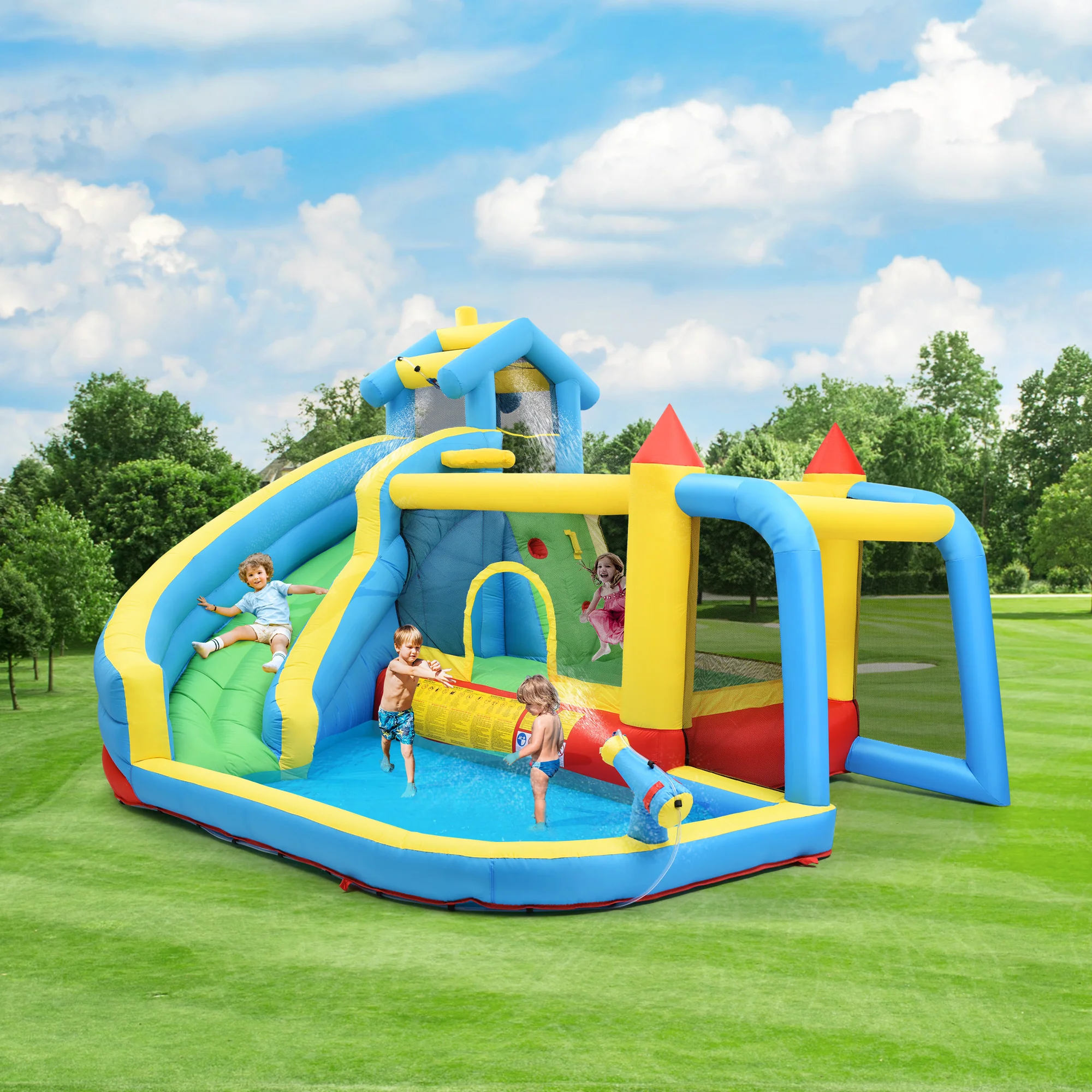 Children's Bouncy Castle, 5 in 1 inflatable outdoor castle with slide, jumping area, water pool, football net - Image 2