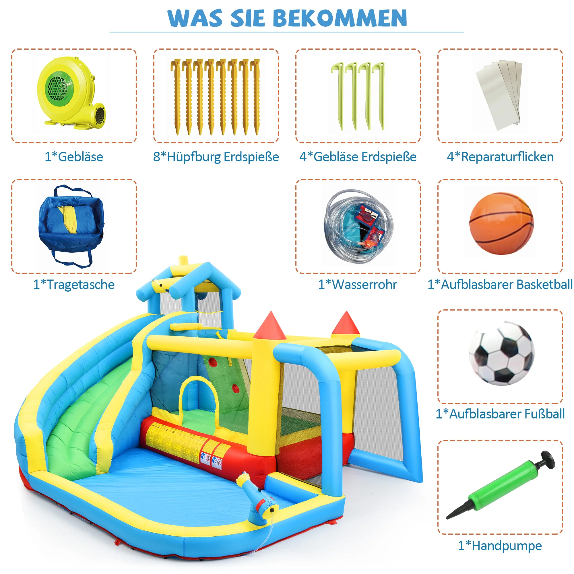 Children's Bouncy Castle, 5 in 1 inflatable outdoor castle with slide, jumping area, water pool, football net - Image 9