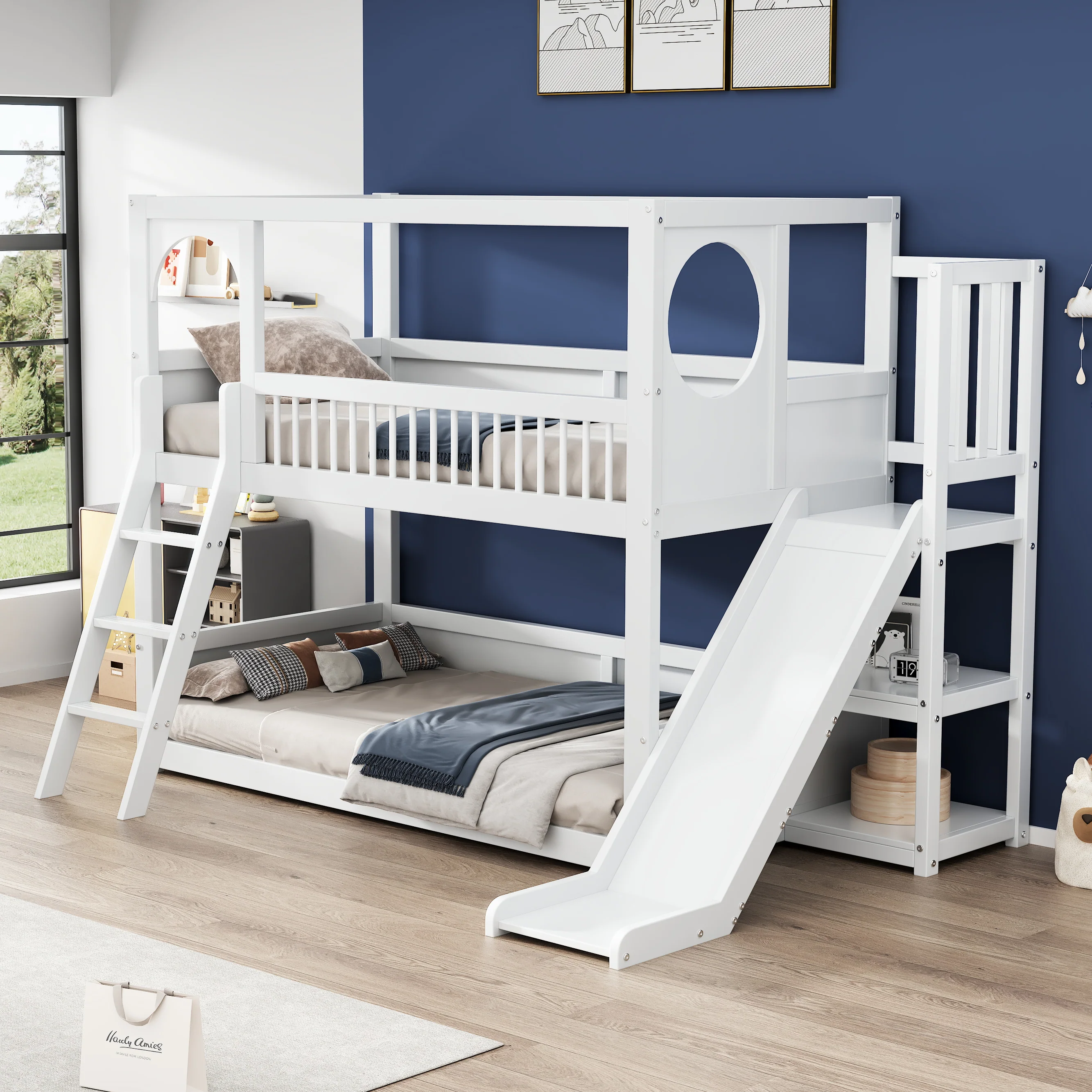 Children's Bunk Bed 90x200cm Double with Slide & Shelves - White