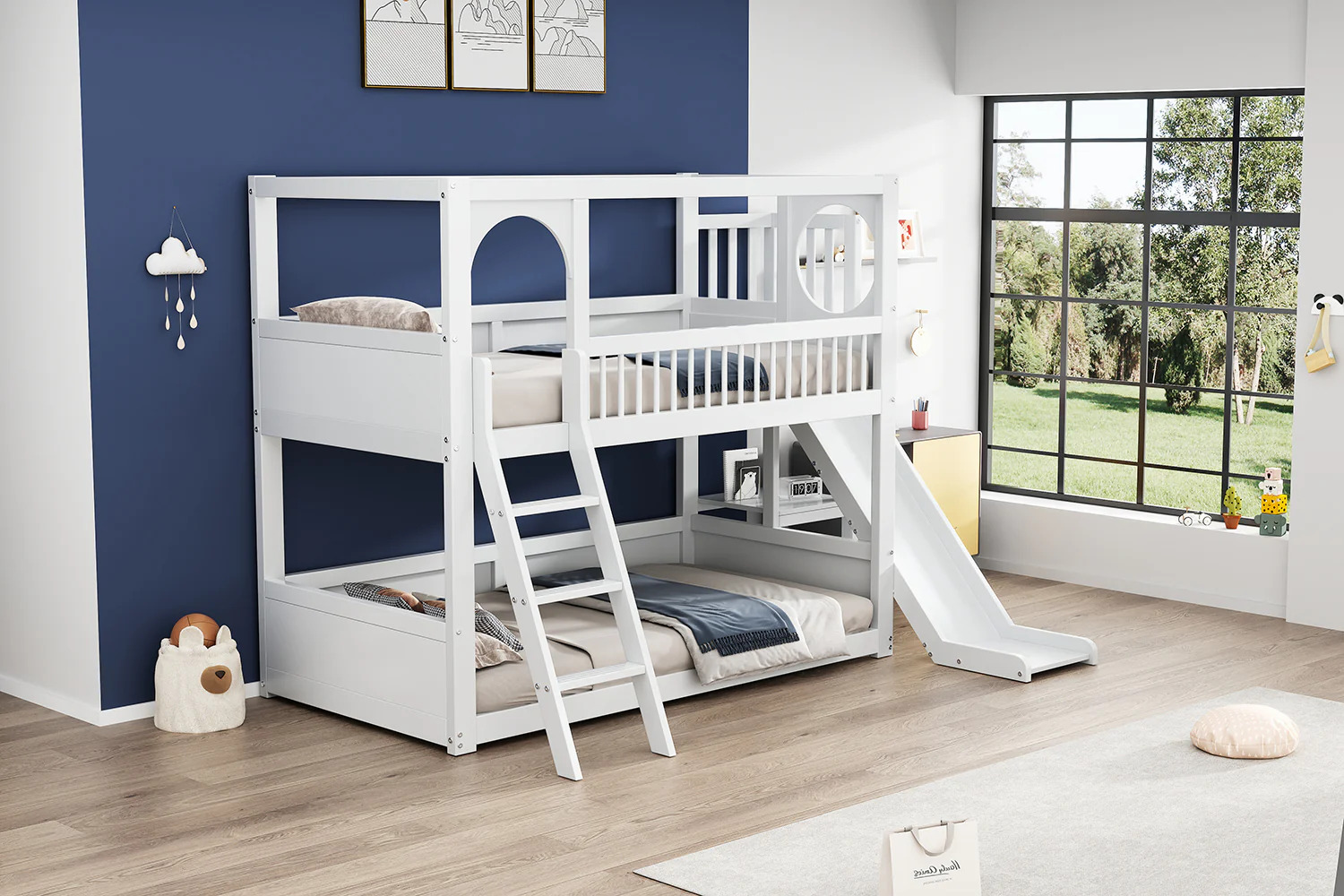 Children's Bunk Bed 90x200cm Double with Slide & Shelves - White - Image 10