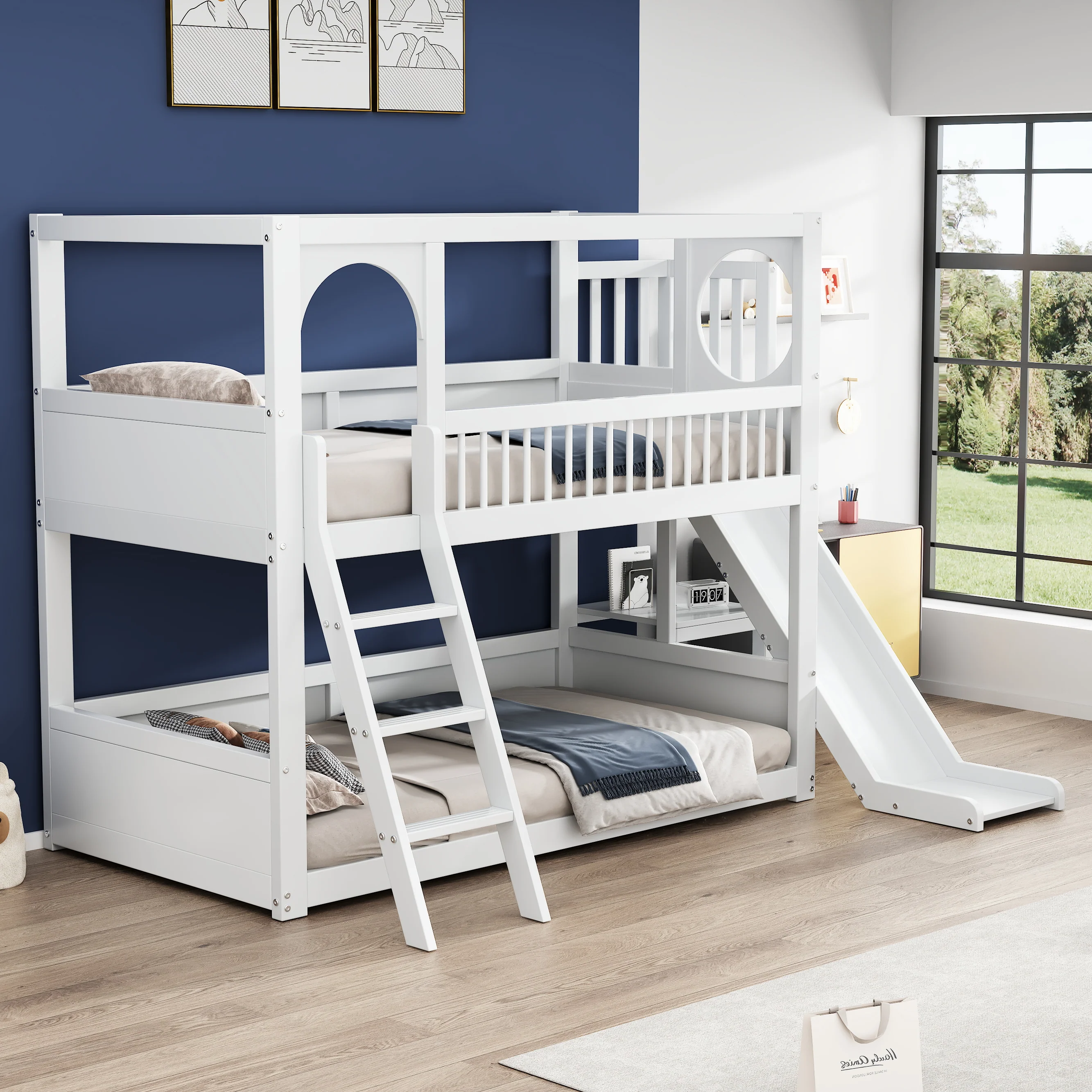 Children's Bunk Bed 90x200cm Double with Slide & Shelves - White - Image 2