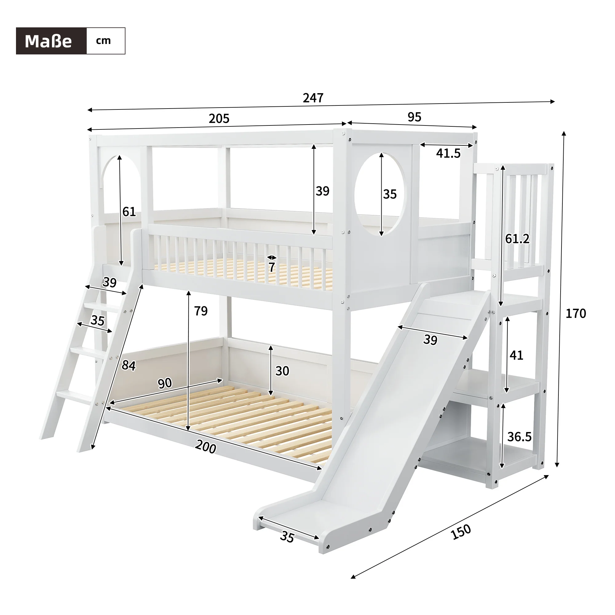 Children's Bunk Bed 90x200cm Double with Slide & Shelves - White - Image 3