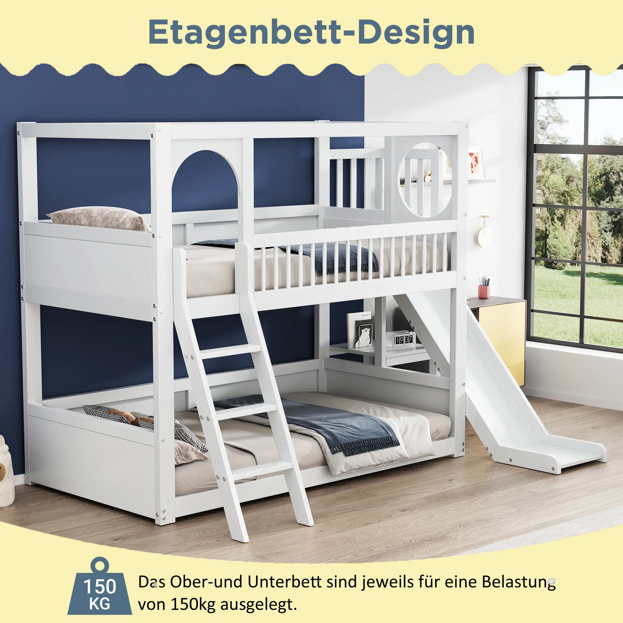 Children's Bunk Bed 90x200cm Double with Slide & Shelves - White - Image 4