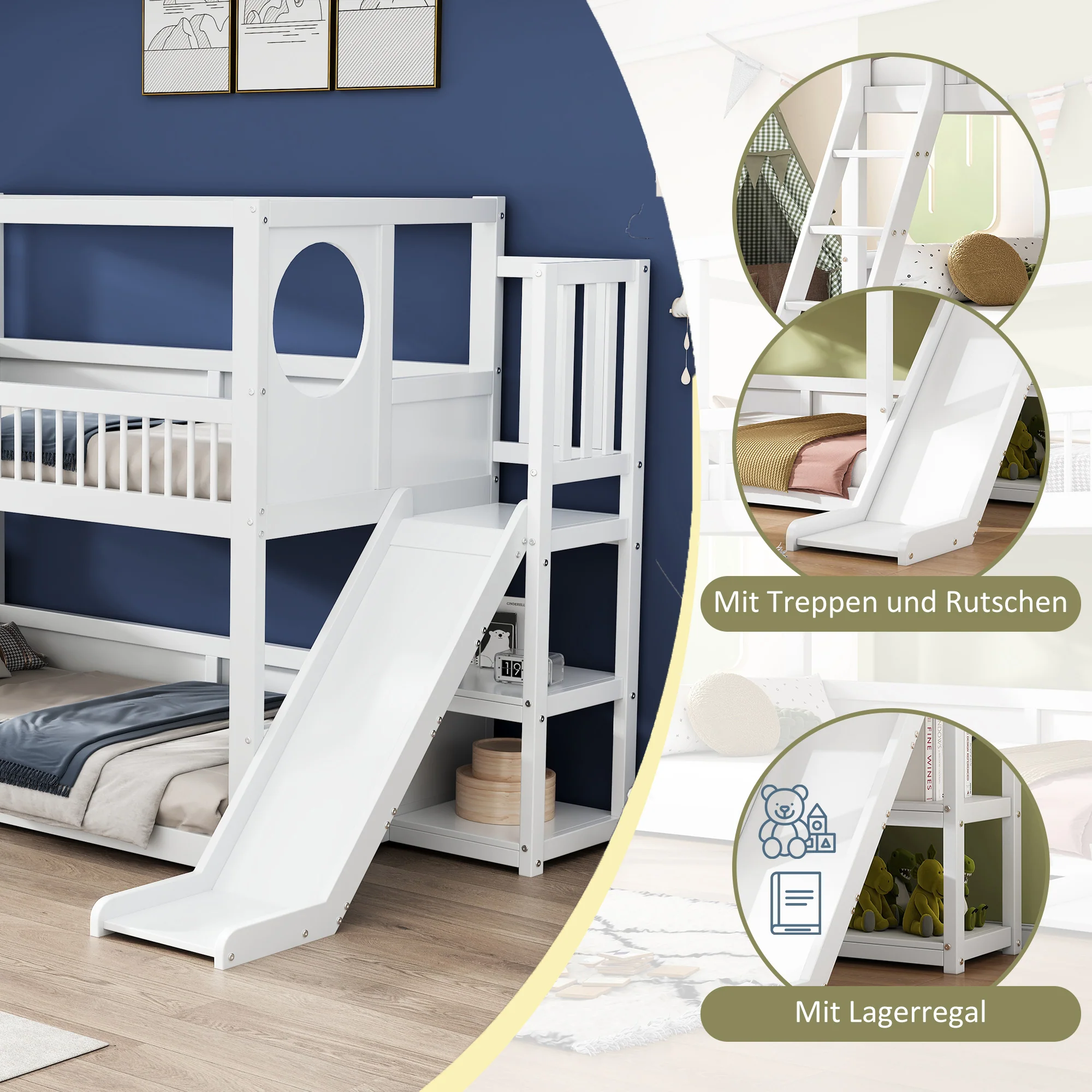 Children's Bunk Bed 90x200cm Double with Slide & Shelves - White - Image 5