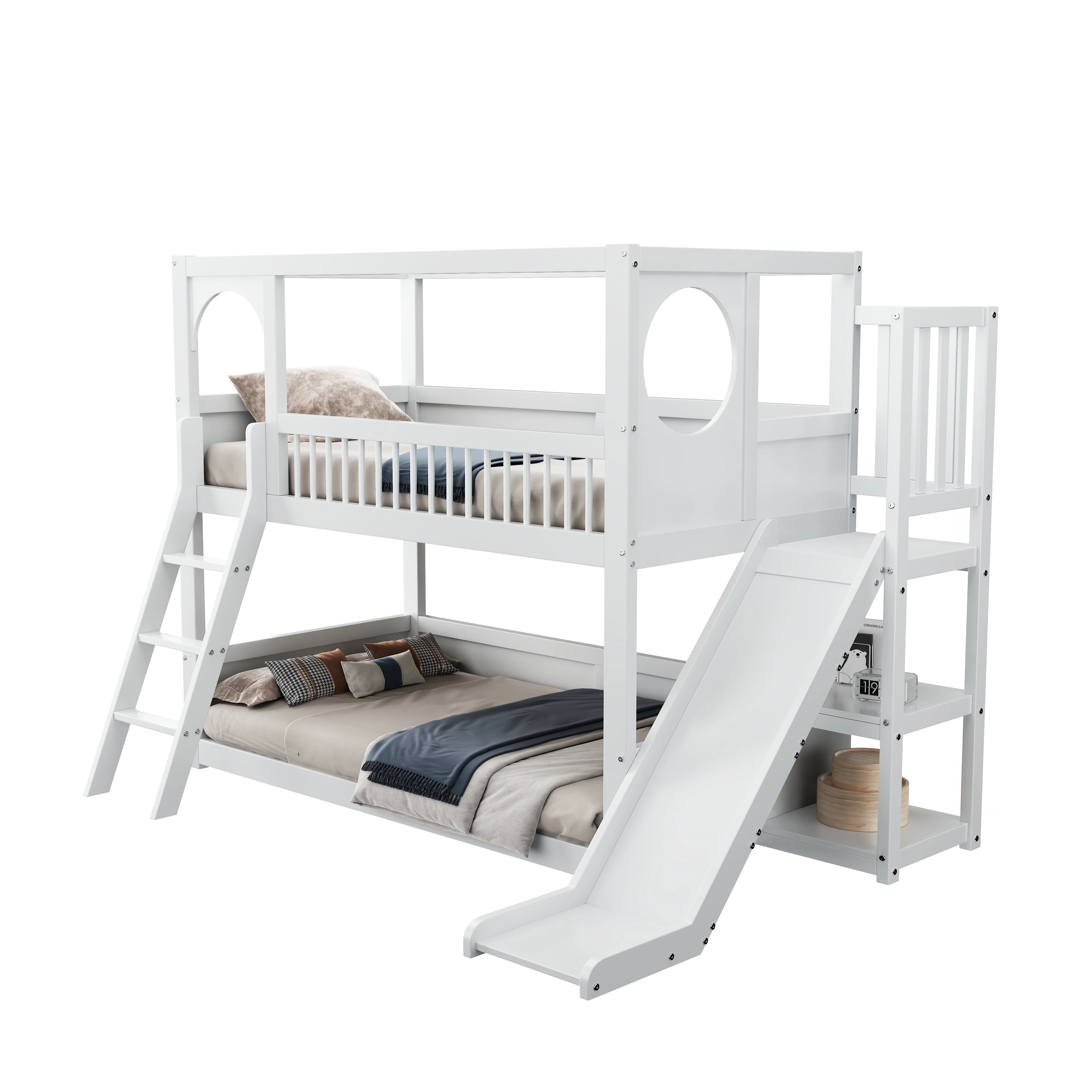 Children's Bunk Bed 90x200cm Double with Slide & Shelves - White - Image 6