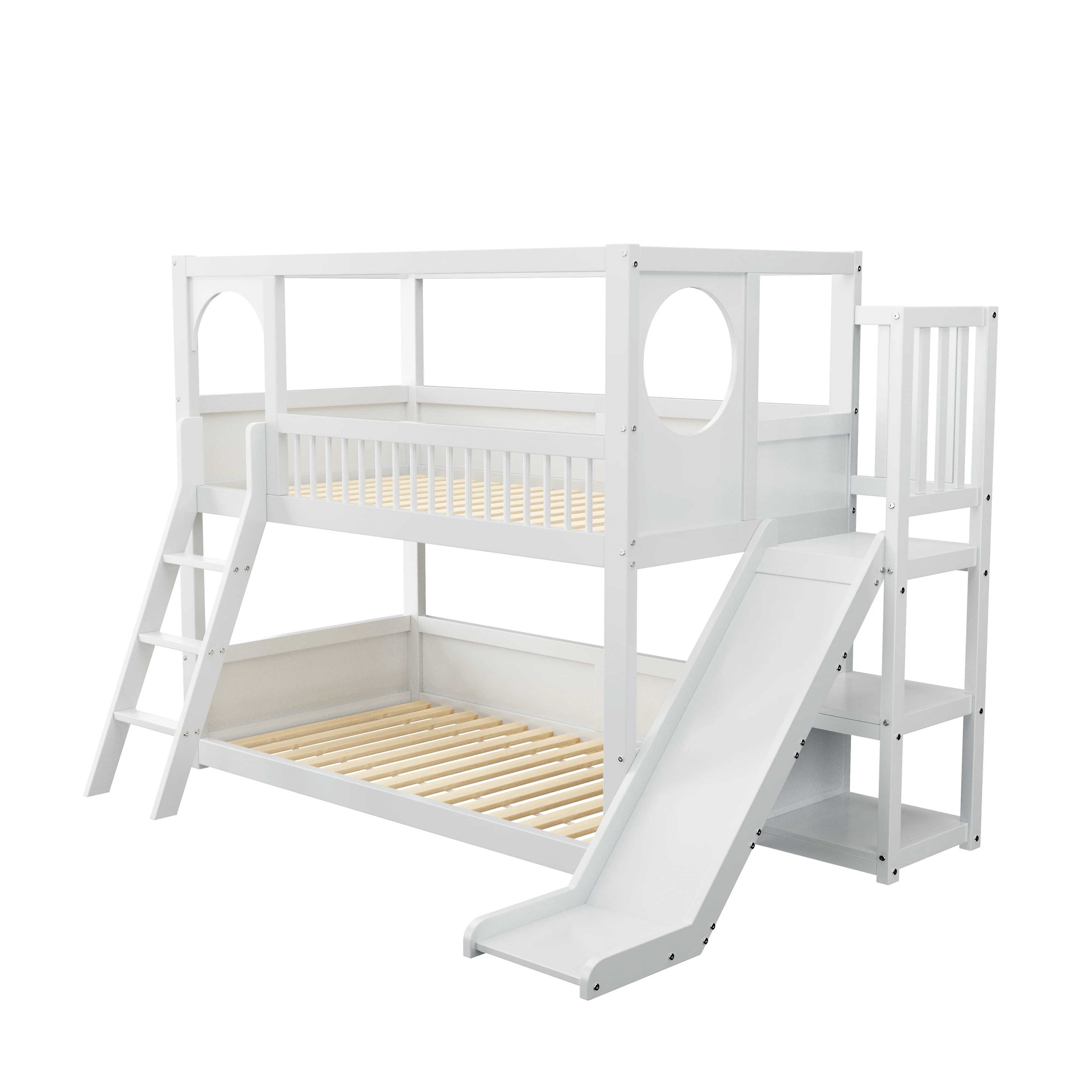 Children's Bunk Bed 90x200cm Double with Slide & Shelves - White - Image 8