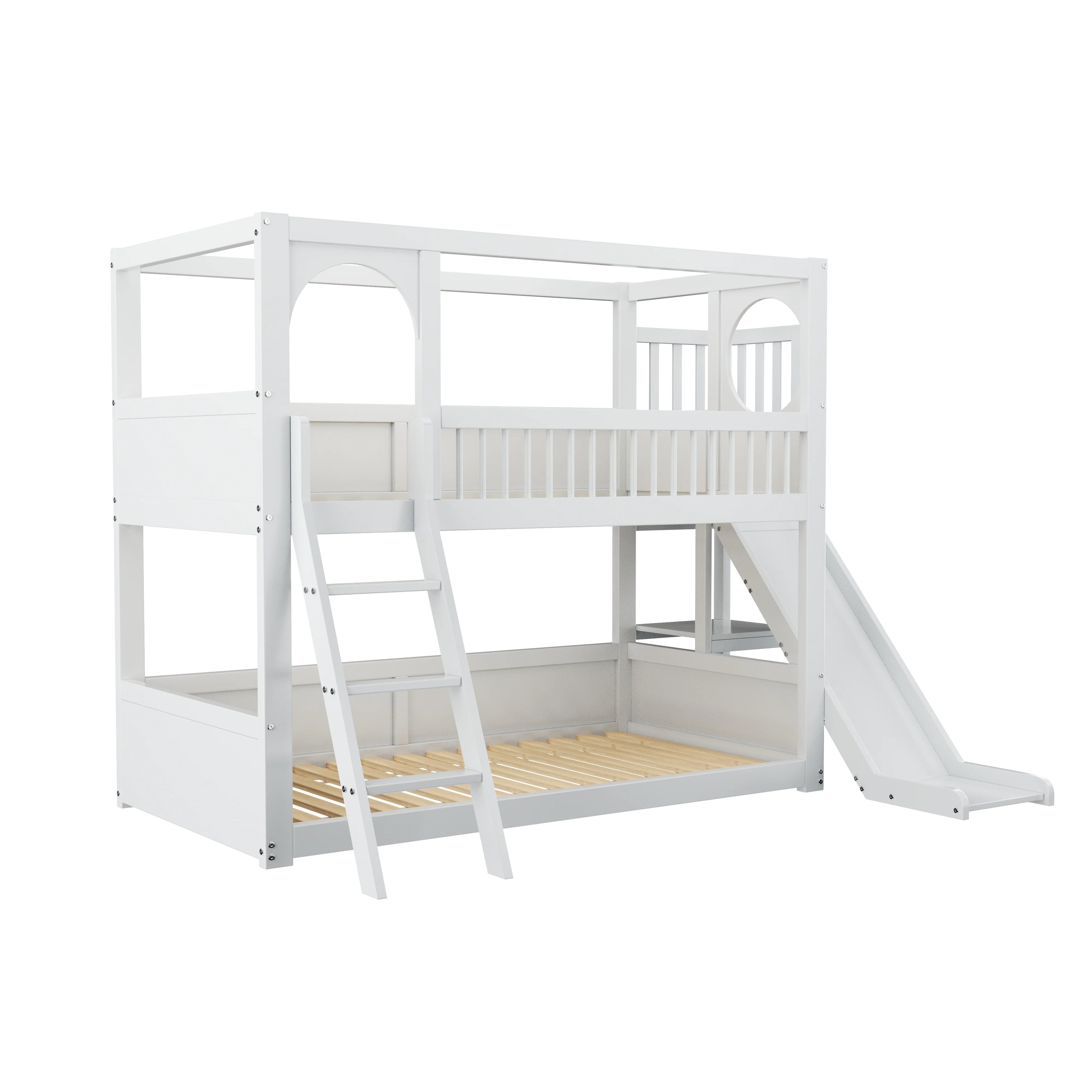 Children's Bunk Bed 90x200cm Double with Slide & Shelves - White - Image 9