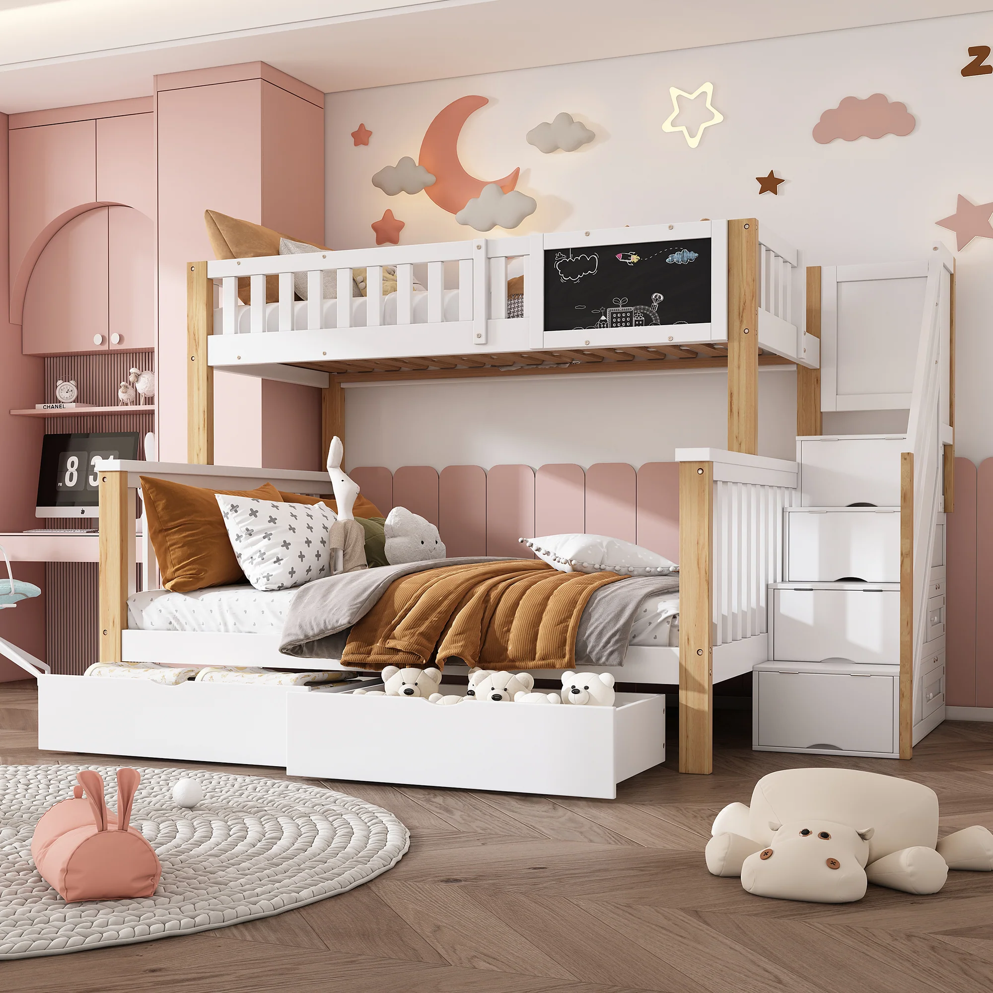 Children's Bunk Bed Multifunctional Chalkboard Drawers 90x200/140x200 - White/Light Oak - Image 5