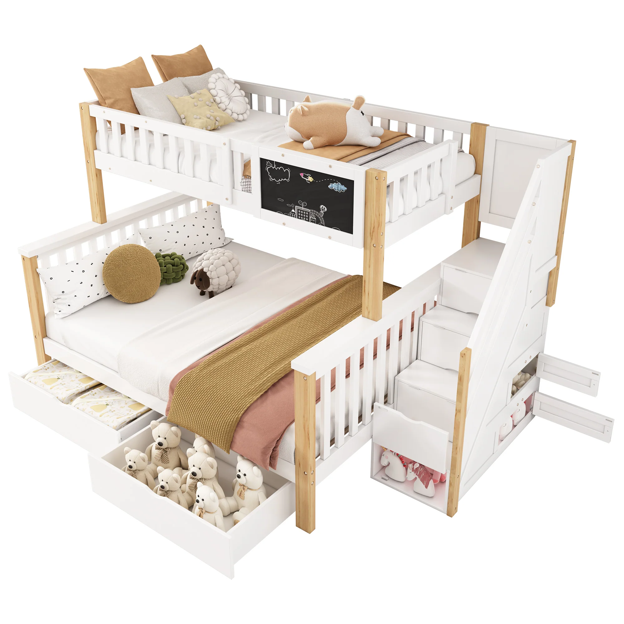 Children's Bunk Bed Multifunctional Chalkboard Drawers 90x200/140x200 - White/Light Oak - Image 7