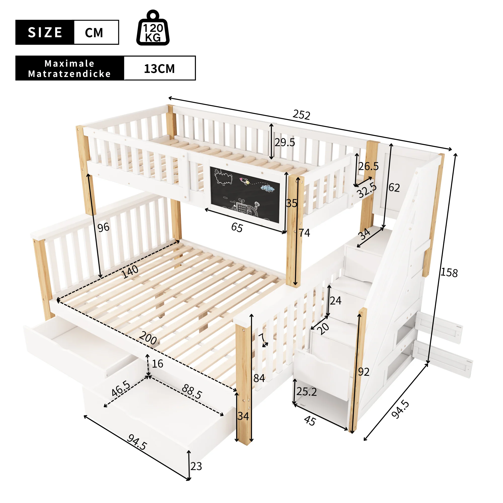 Children's Bunk Bed Multifunctional Chalkboard Drawers 90x200/140x200 - White/Light Oak - Image 8