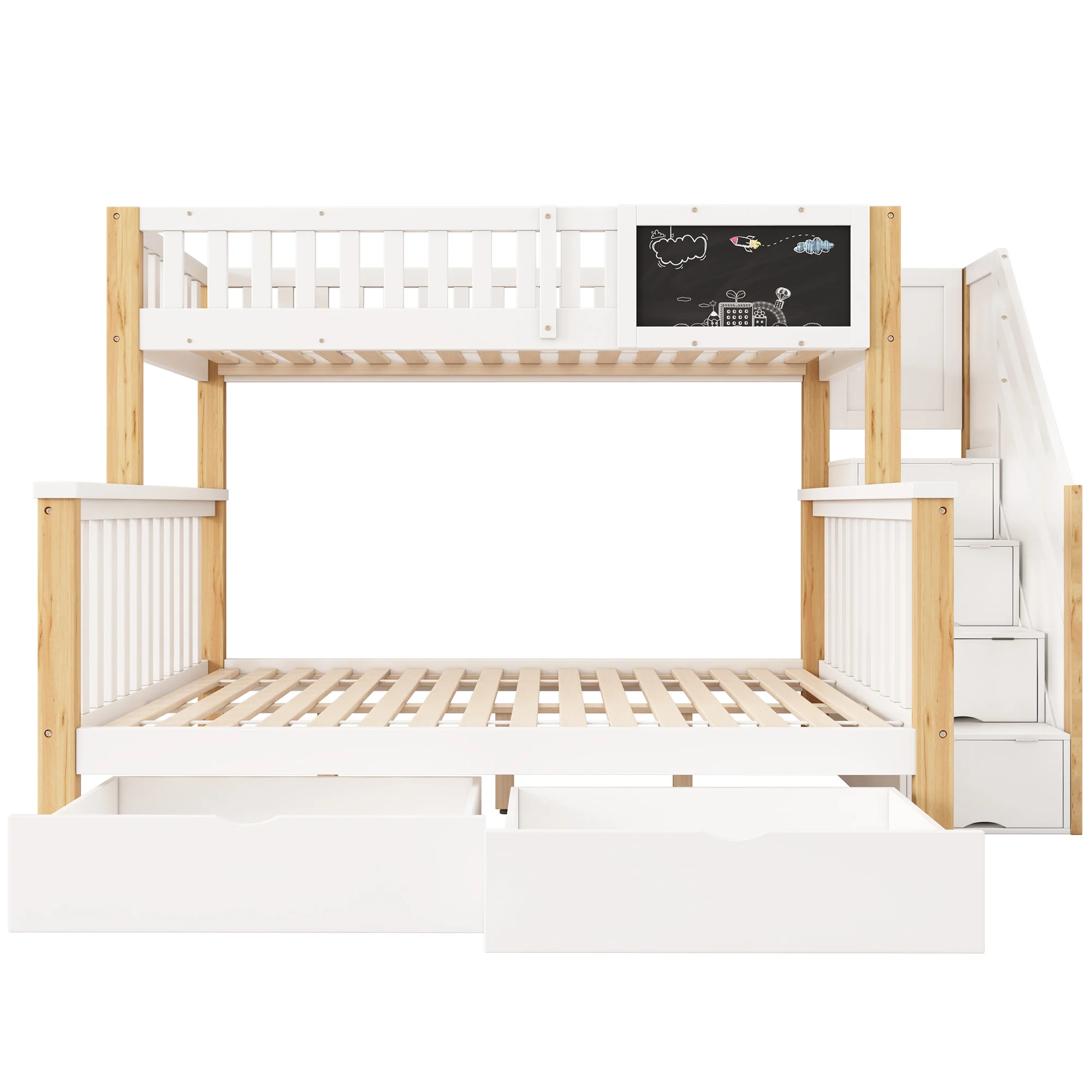 Children's Bunk Bed Multifunctional Chalkboard Drawers 90x200/140x200 - White/Light Oak - Image 9