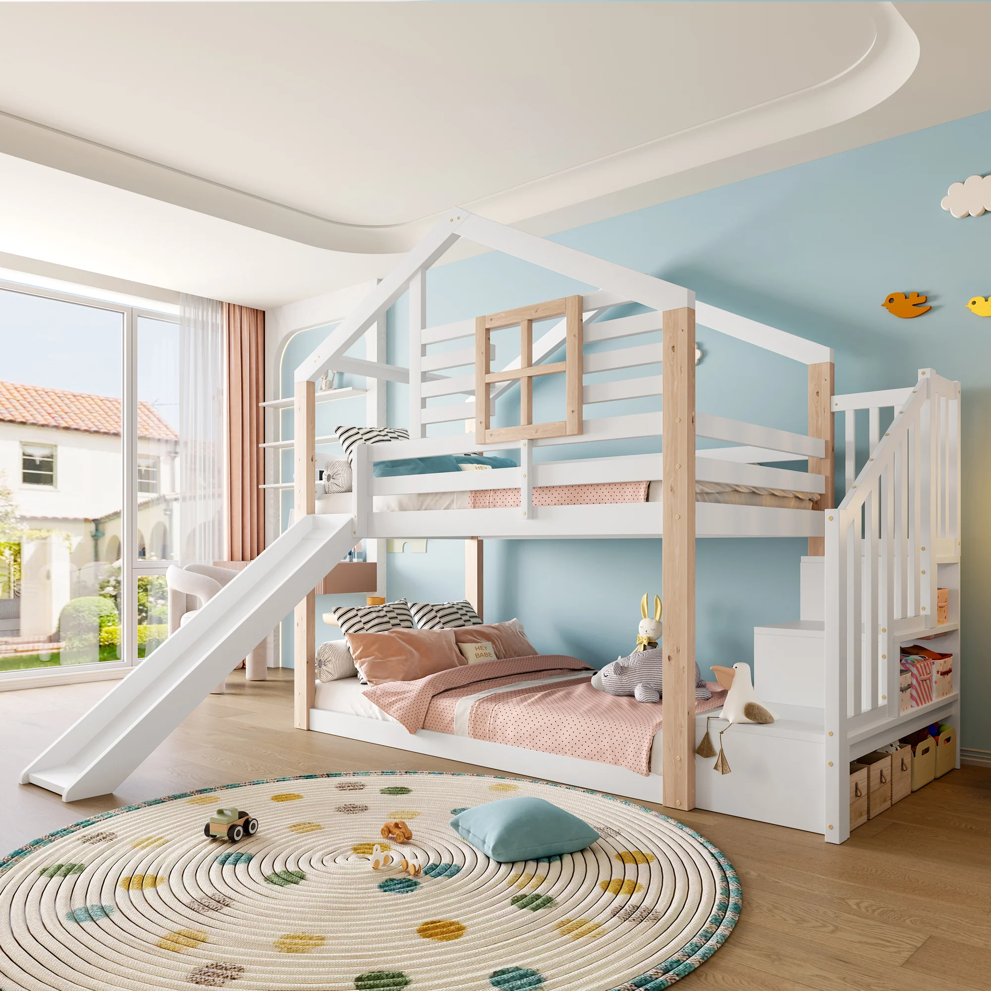 Children's Bunk Bed Slide Stairs Storage - Solid Wood Scandinavian Style