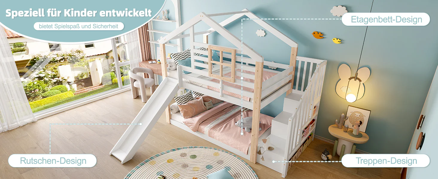 Children's Bunk Bed Slide Stairs Storage - Solid Wood Scandinavian Style - Image 10