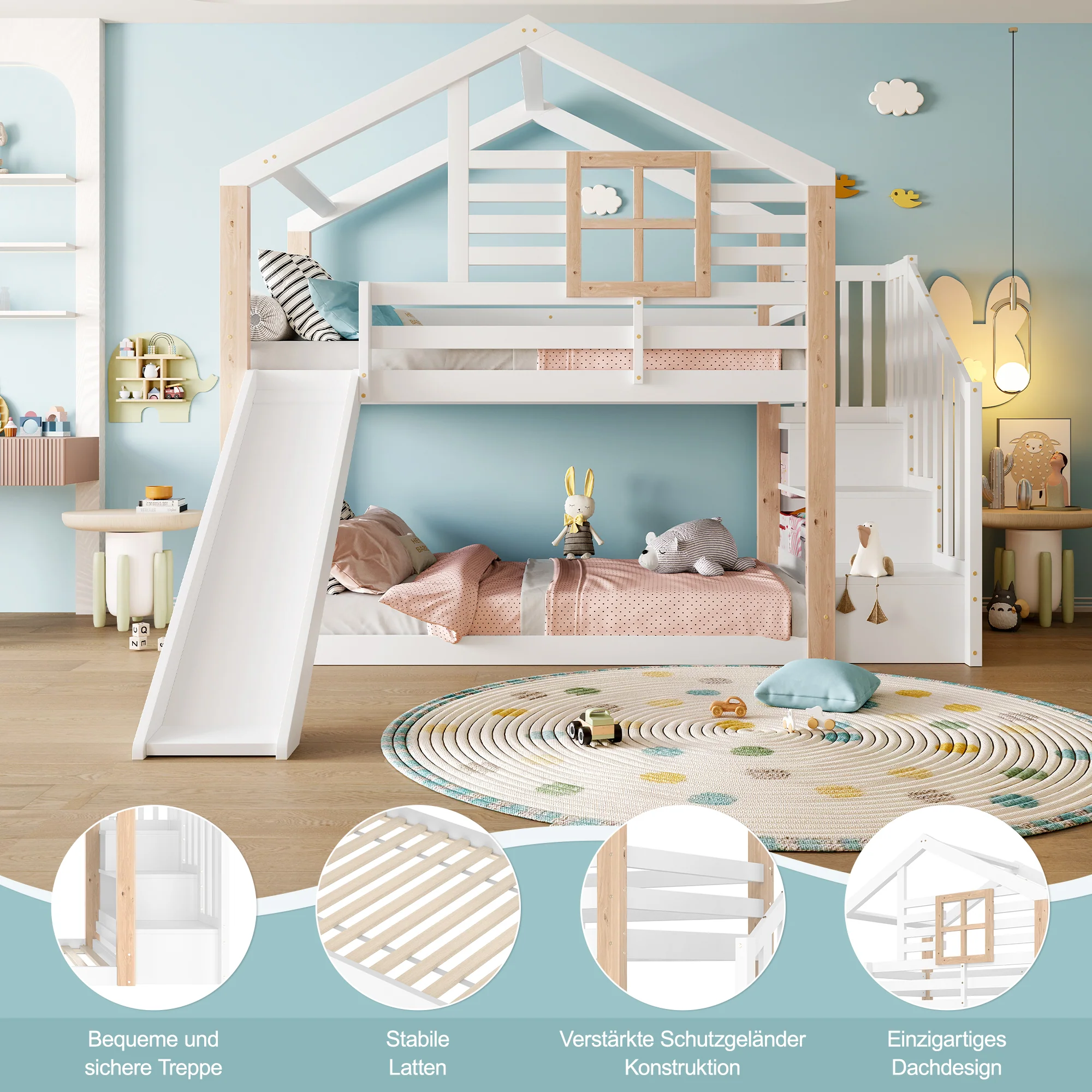 Children's Bunk Bed Slide Stairs Storage - Solid Wood Scandinavian Style - Image 3