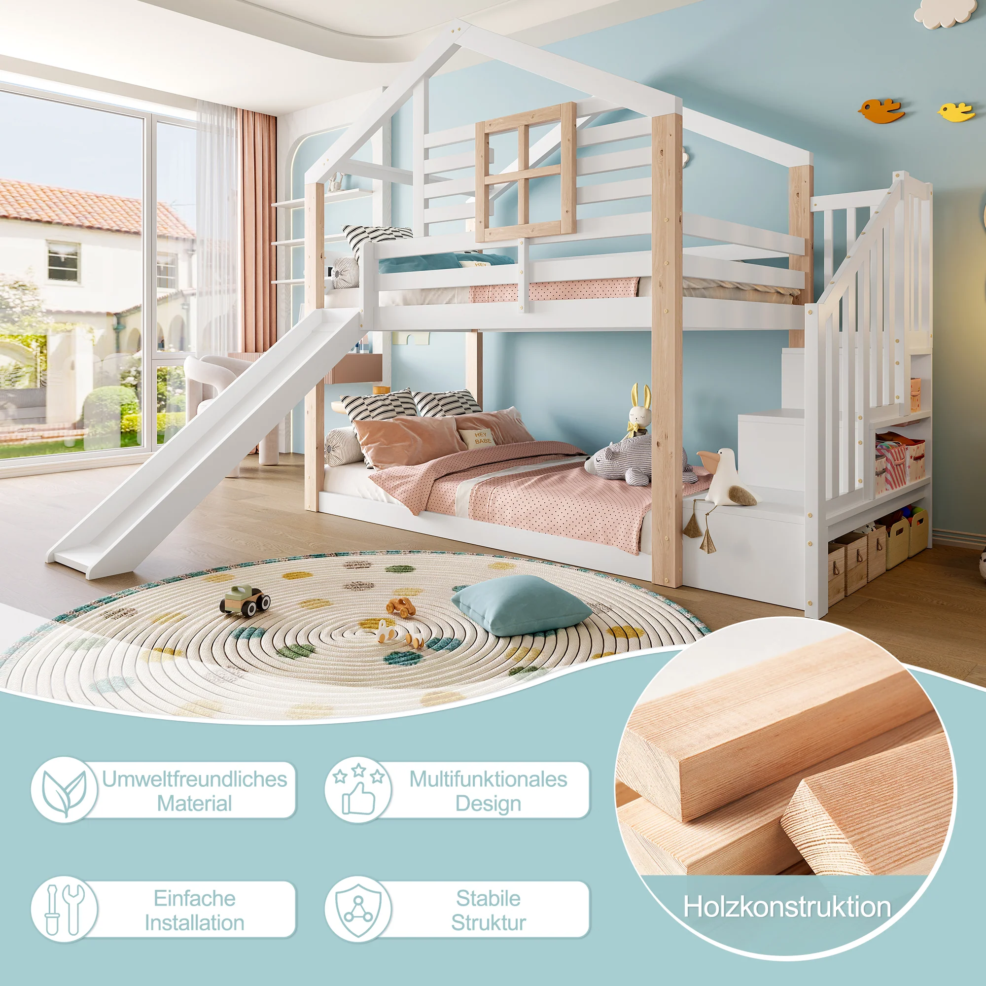 Children's Bunk Bed Slide Stairs Storage - Solid Wood Scandinavian Style - Image 4