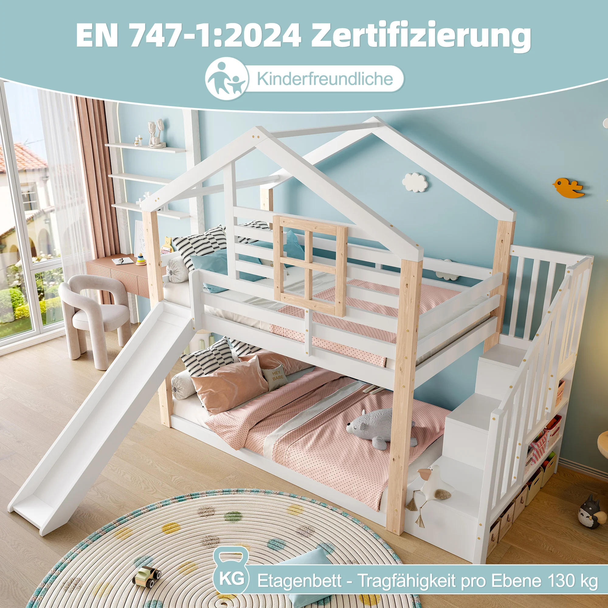 Children's Bunk Bed Slide Stairs Storage - Solid Wood Scandinavian Style - Image 5